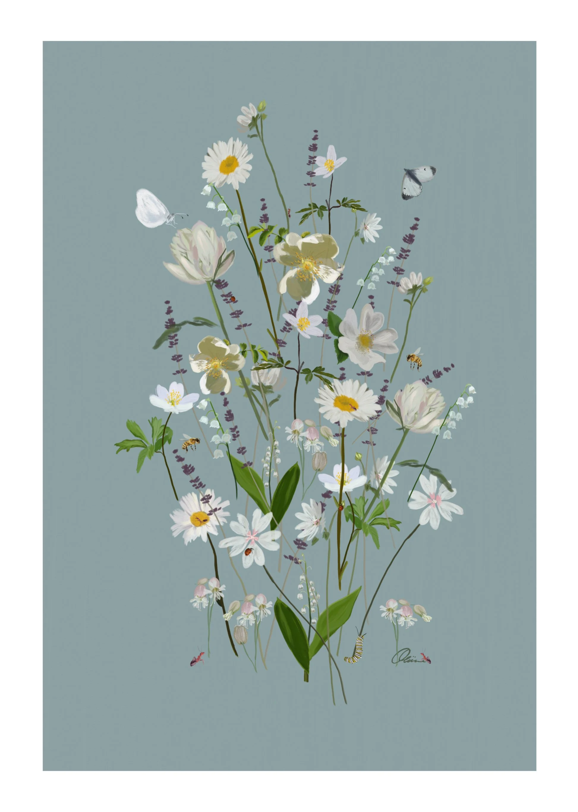 Illustration of various white flowers with green leaves, accompanied by bees, butterflies, a caterpillar, and a ladybug on a muted blue background.