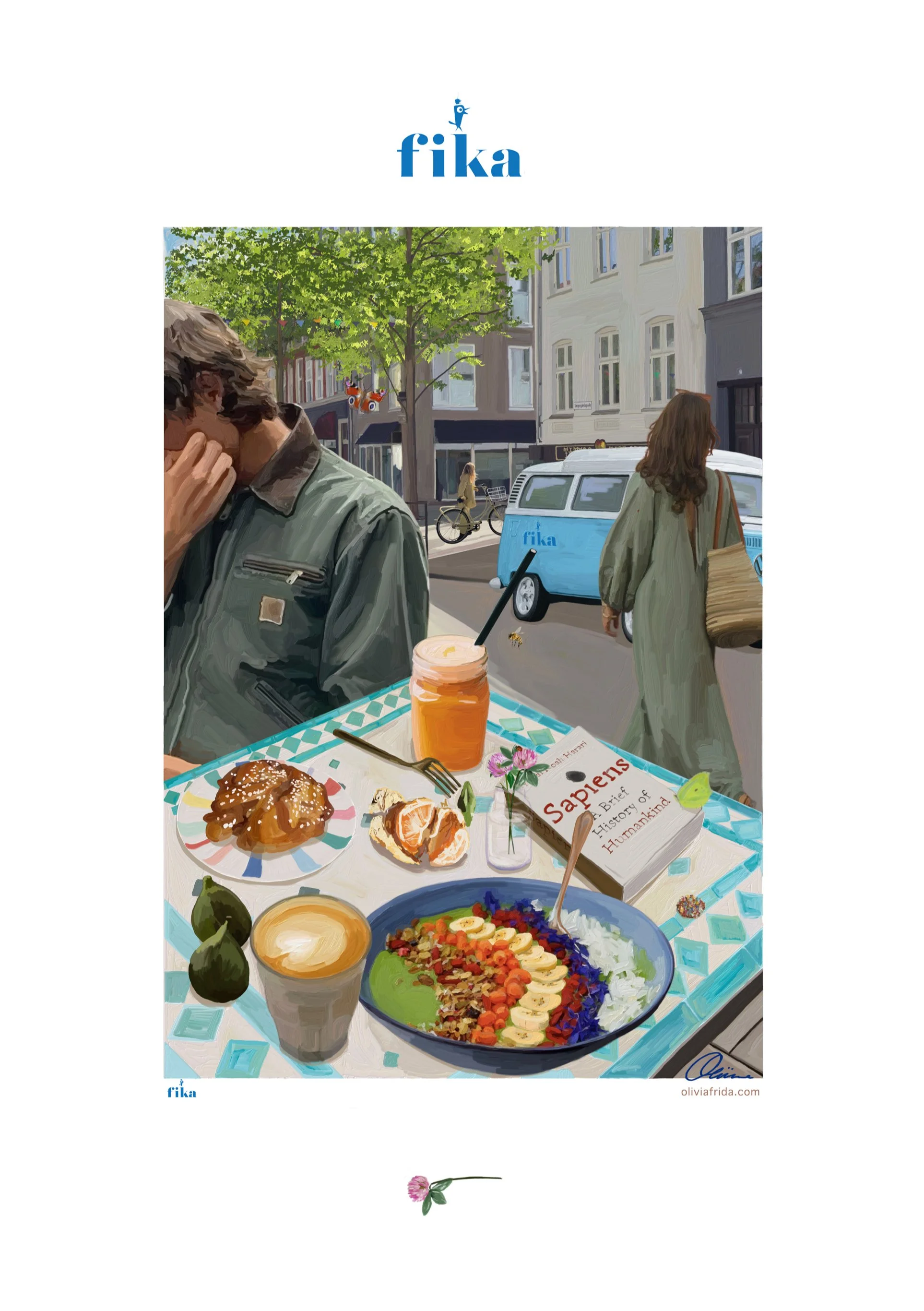 Painting of a street cafe with a table of food, including salad, croissants, a drink, and a book titled 'Sapiens'. In the background, a man scratches his head, a woman walks past, and a blue van labeled 'fika' is parked on the street.