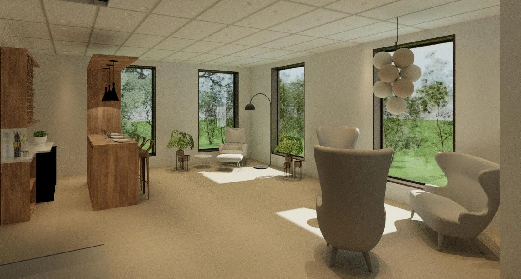 A modern living room with large windows, white walls, beige carpet, and minimalist furniture including white and beige chairs, potted plants, and a cluster of round hanging lights.