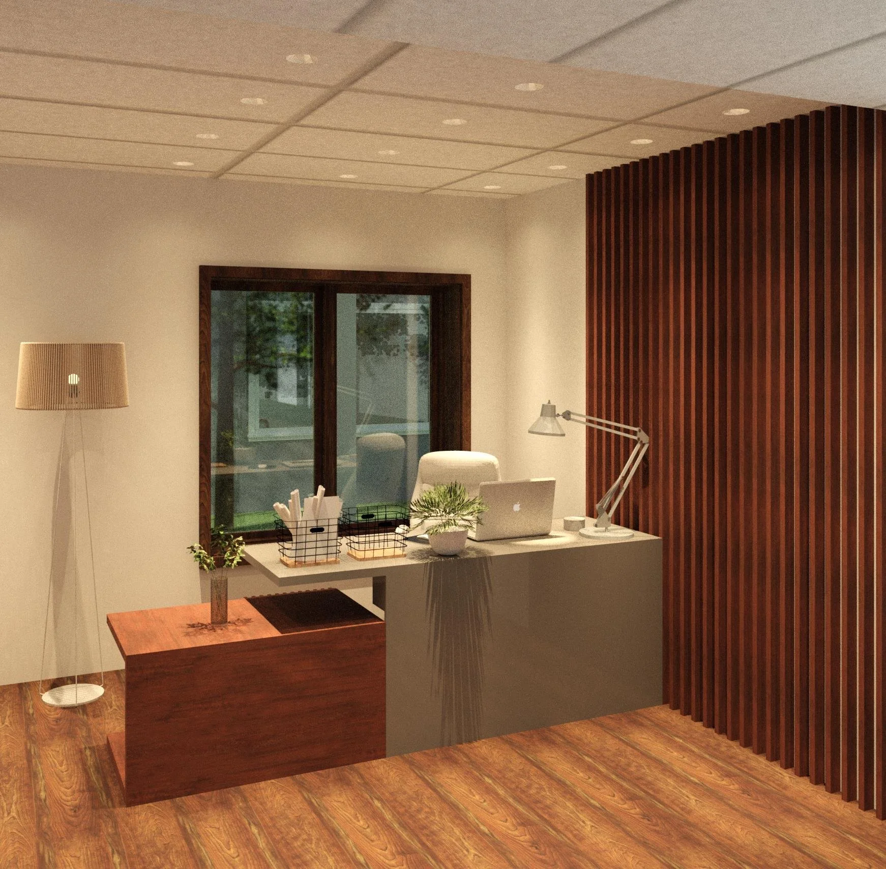 Modern office reception area with a desk, laptop, desk lamp, plants, and a wood accent wall.