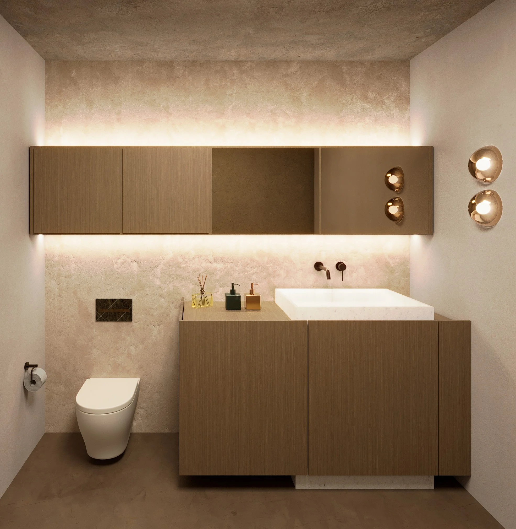 3D interior visualization of bathroom design with warm lighting  Residential interior design concept by Vancouver interior designer