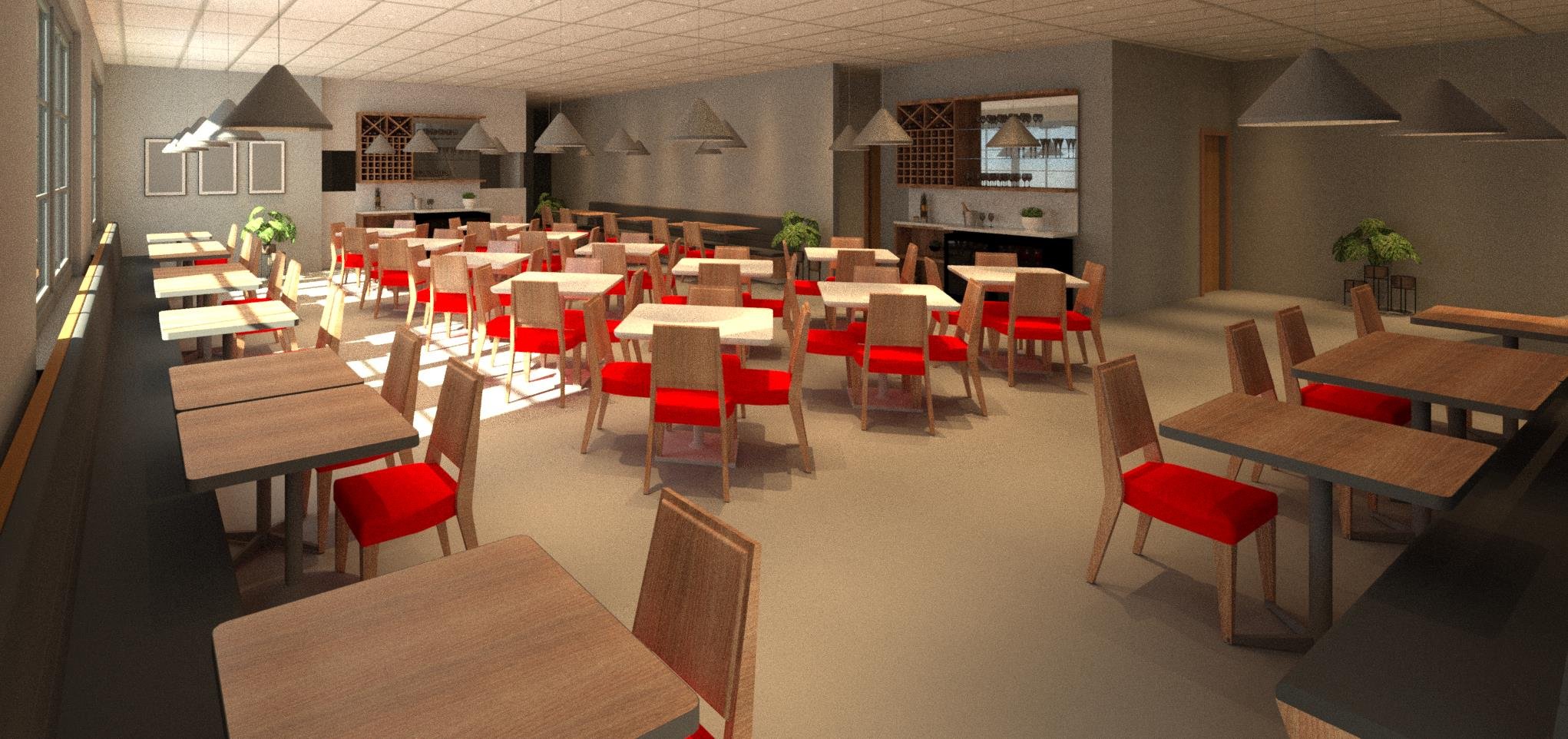 Empty restaurant dining area with wooden tables and chairs with red cushions, large windows, and minimalistic decor.