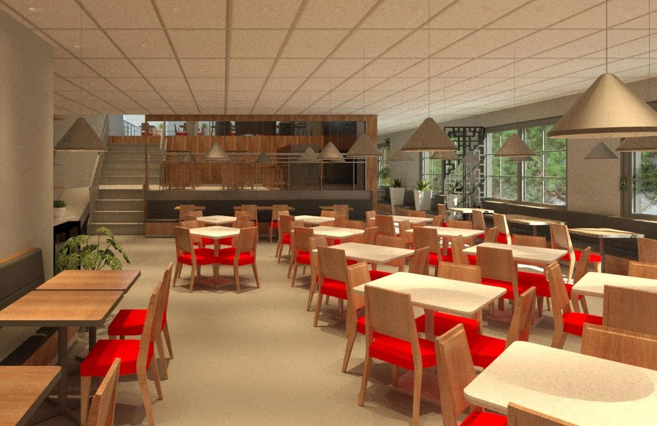 Empty restaurant dining area with wooden tables, chairs with red cushions, large windows, and modern decor.