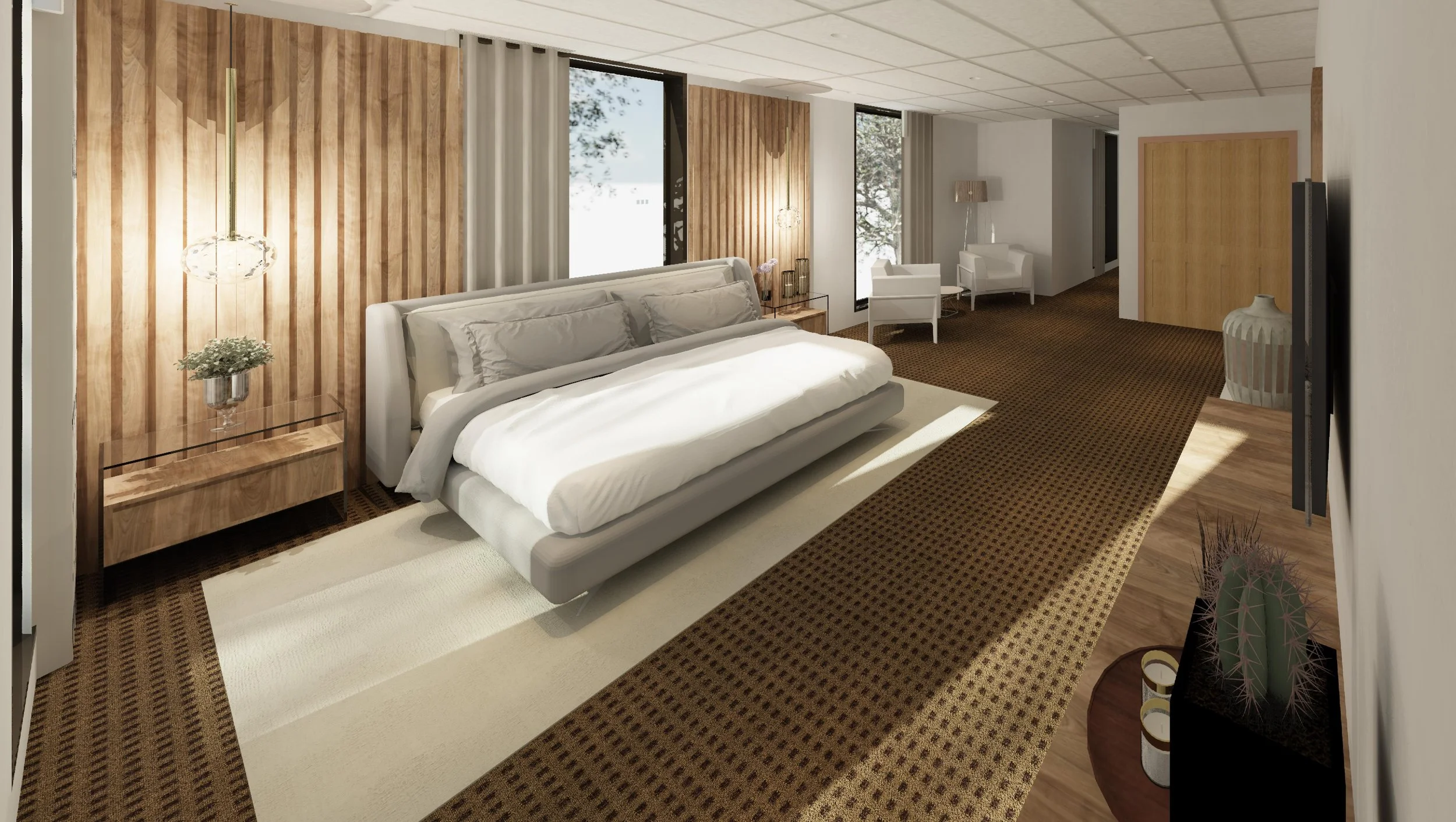 Modern hotel bedroom with a large bed, wooden accent wall, window seats, armchairs, and decorative vases.