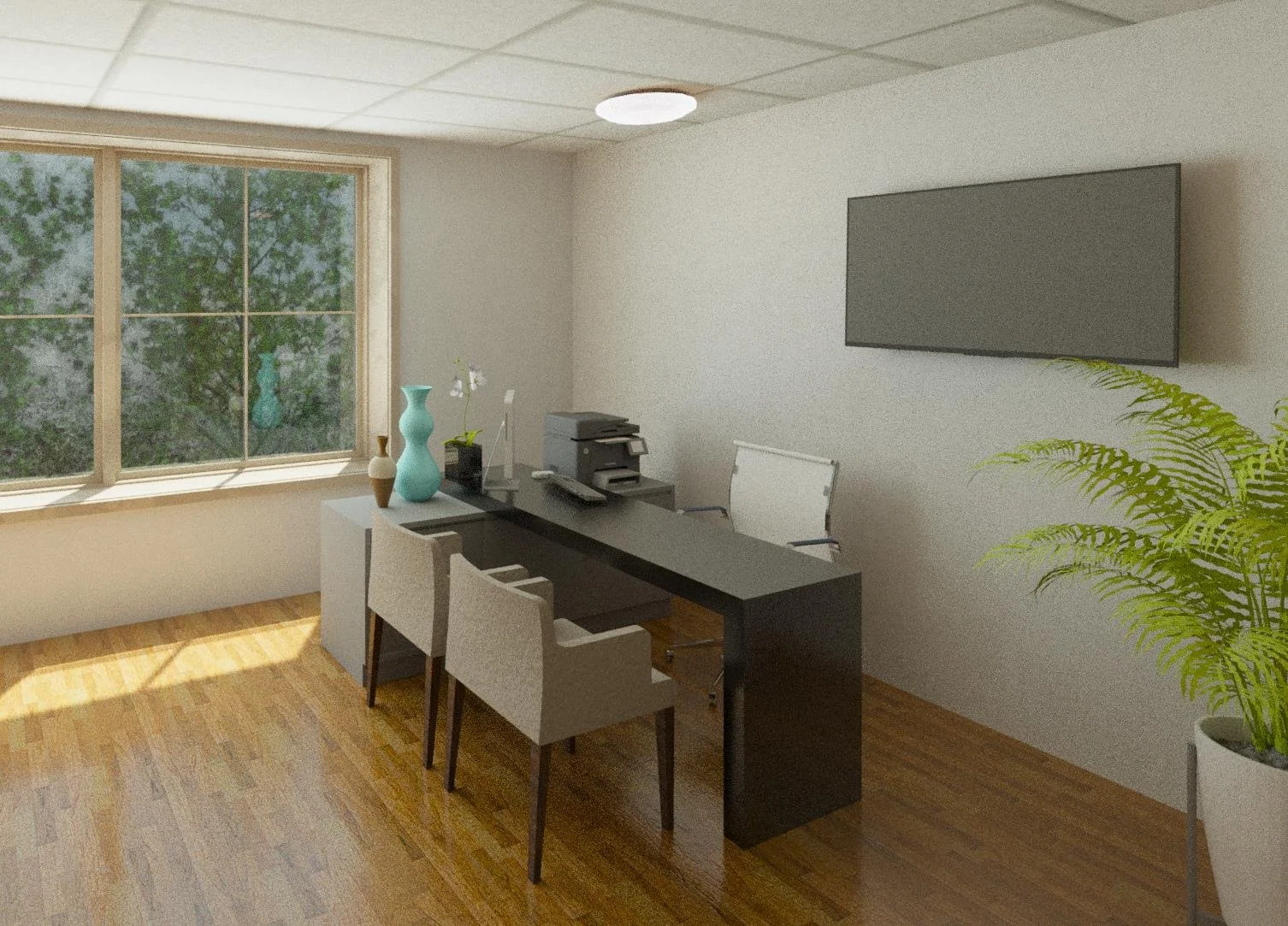 Empty modern office with a black desk, white office chair, two beige chairs, large window with trees outside, wall-mounted TV, and potted plant.