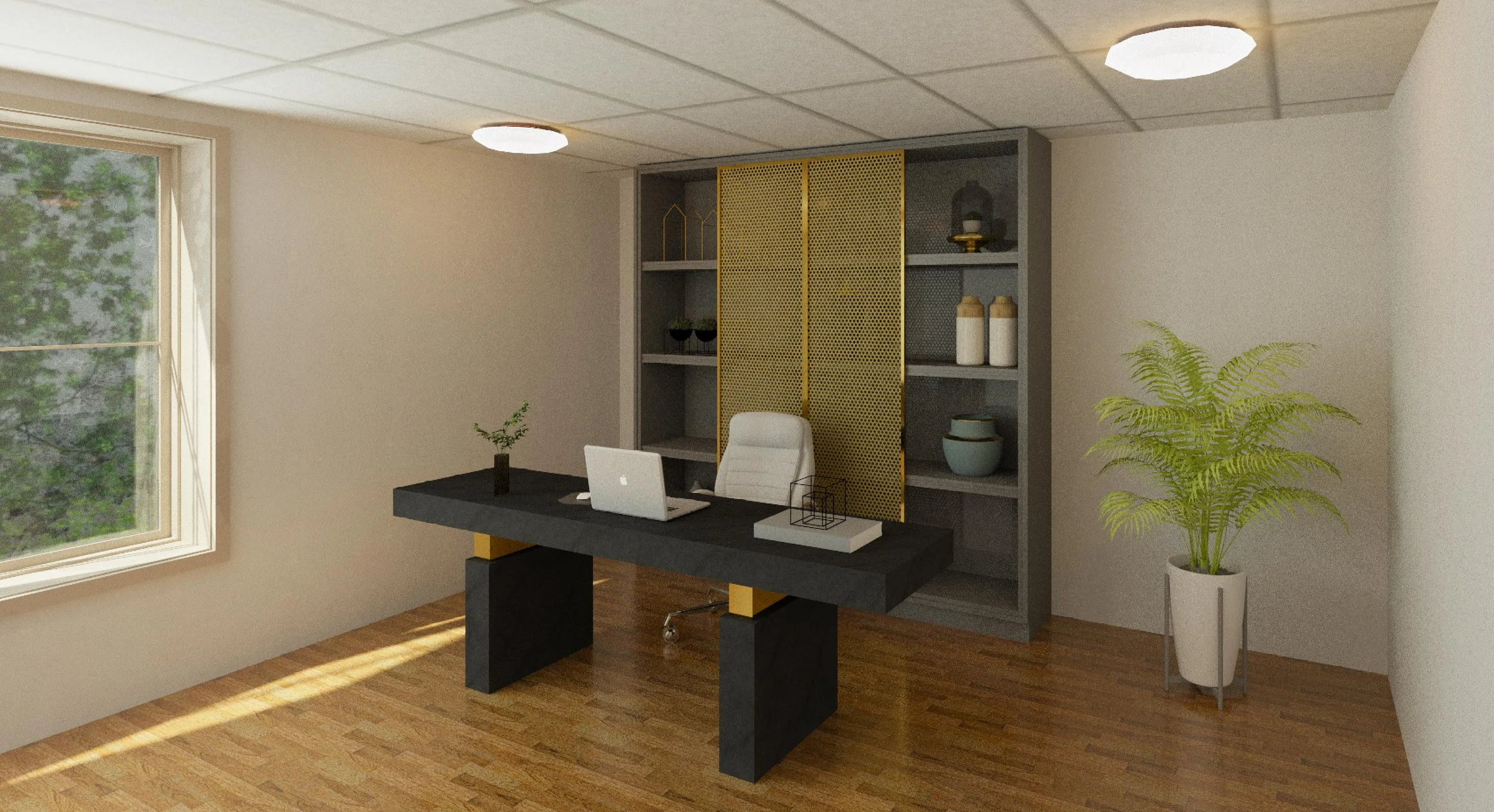 Home office with a black desk, white chair, computer, potted plant, large window, beige walls, wooden floor, and gray bookshelf with decorative items.