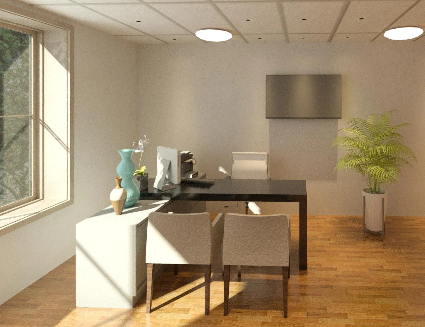 Office with a desk, two chairs, a wall-mounted TV, a potted plant, and decorative vases near a window with sunlight.