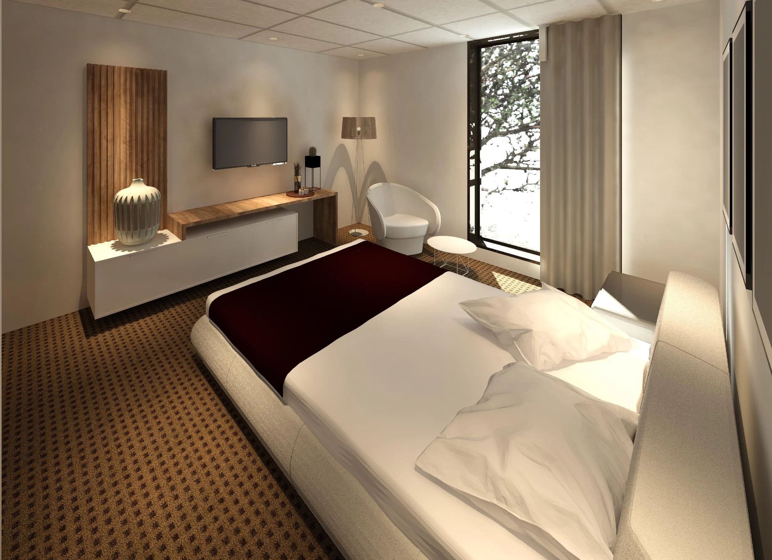 Modern hotel room with a king-size bed, white pillows, and a dark brown runner. Contains a large window with curtains, a white chair with a matching ottoman near the window, a wall-mounted flat-screen TV, a wooden entertainment console, decorative la