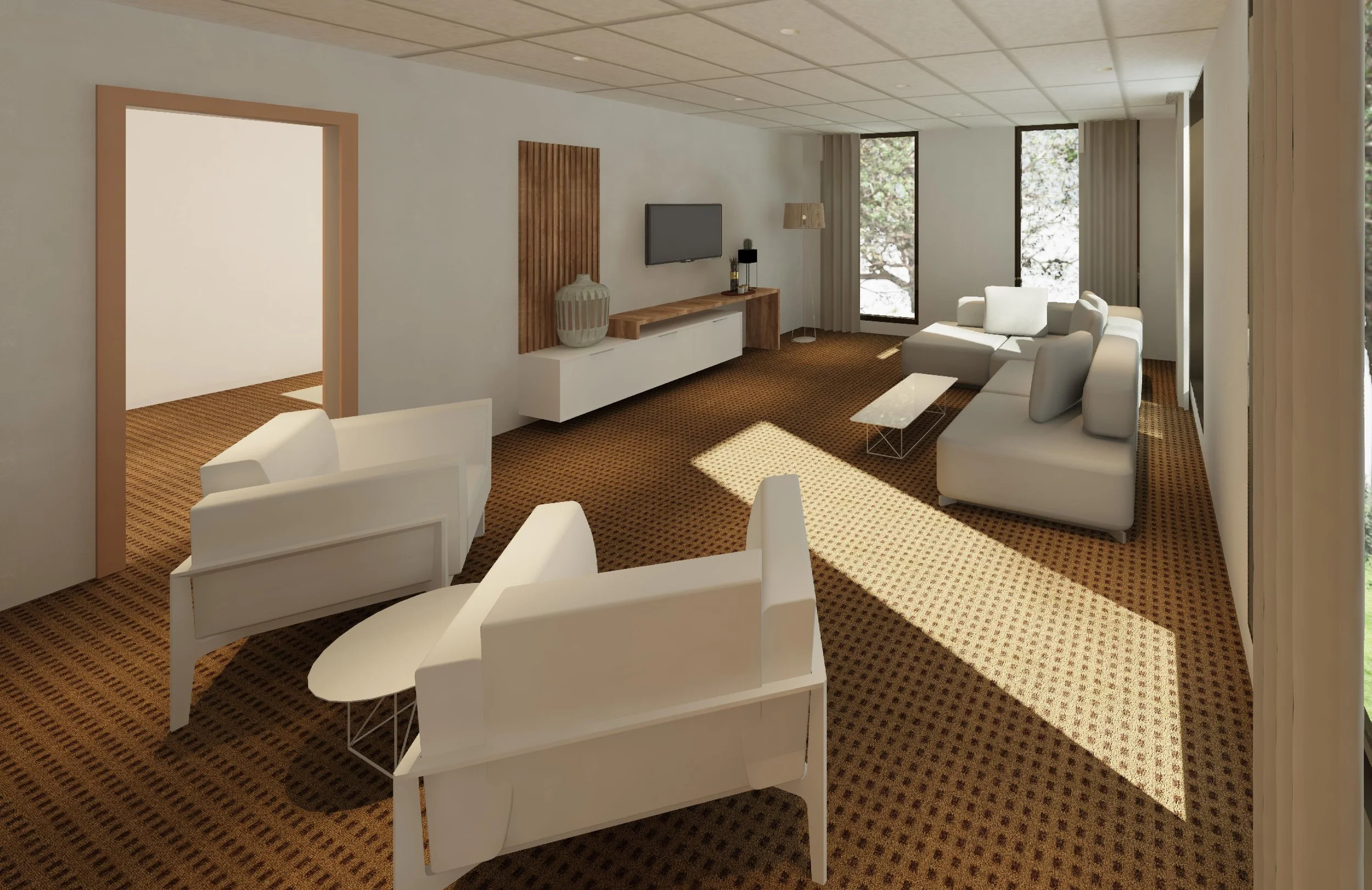 Modern living room with white sofas, a wooden and white TV console, a wall-mounted TV, a beige carpet with a small pattern, large windows with curtains, and minimalist decor.