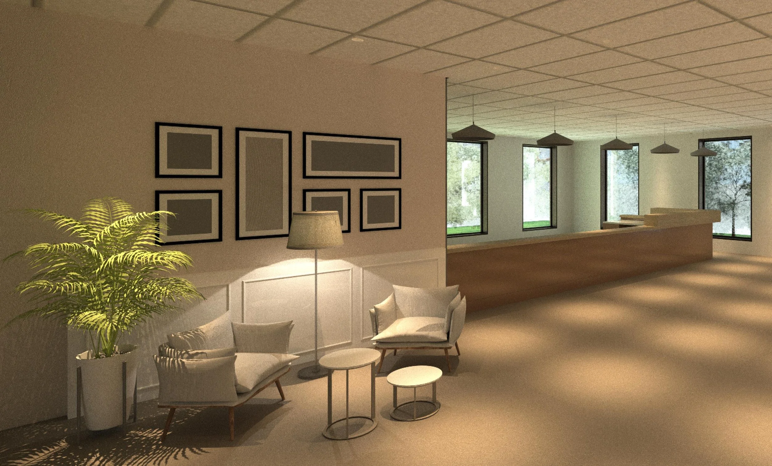 Modern lobby with seating area, framed artwork, potted plant, and large windows letting in natural light.