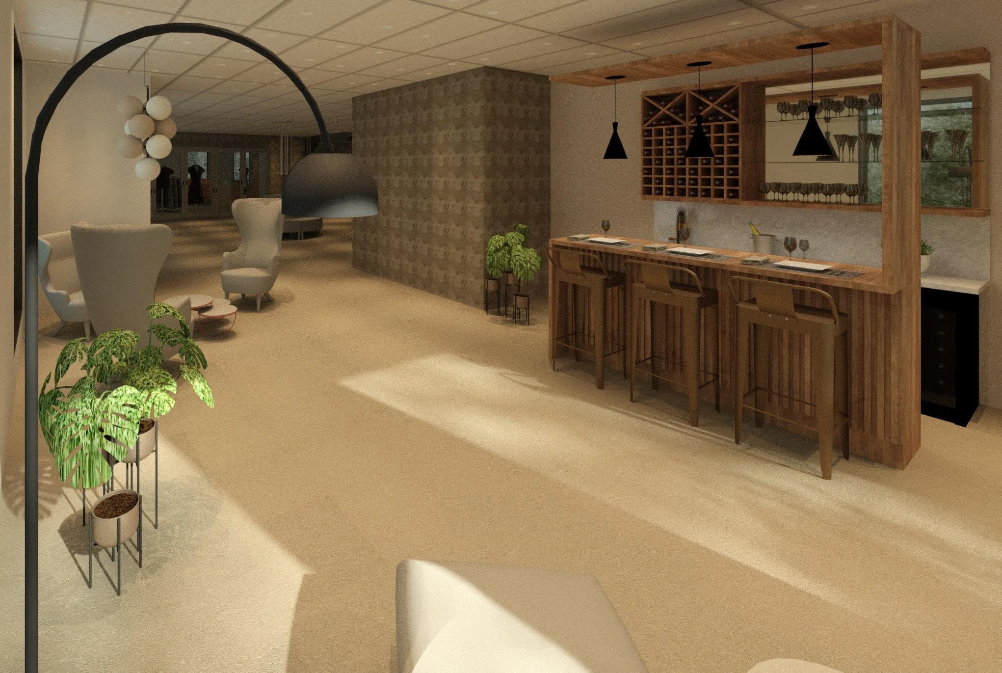 Modern lounge area with beige carpet, white chairs, potted plants, a large black arc floor lamp, and a wooden bar with three high chairs, framed by wood paneling with hanging pendant lights, wine rack, and glassware.