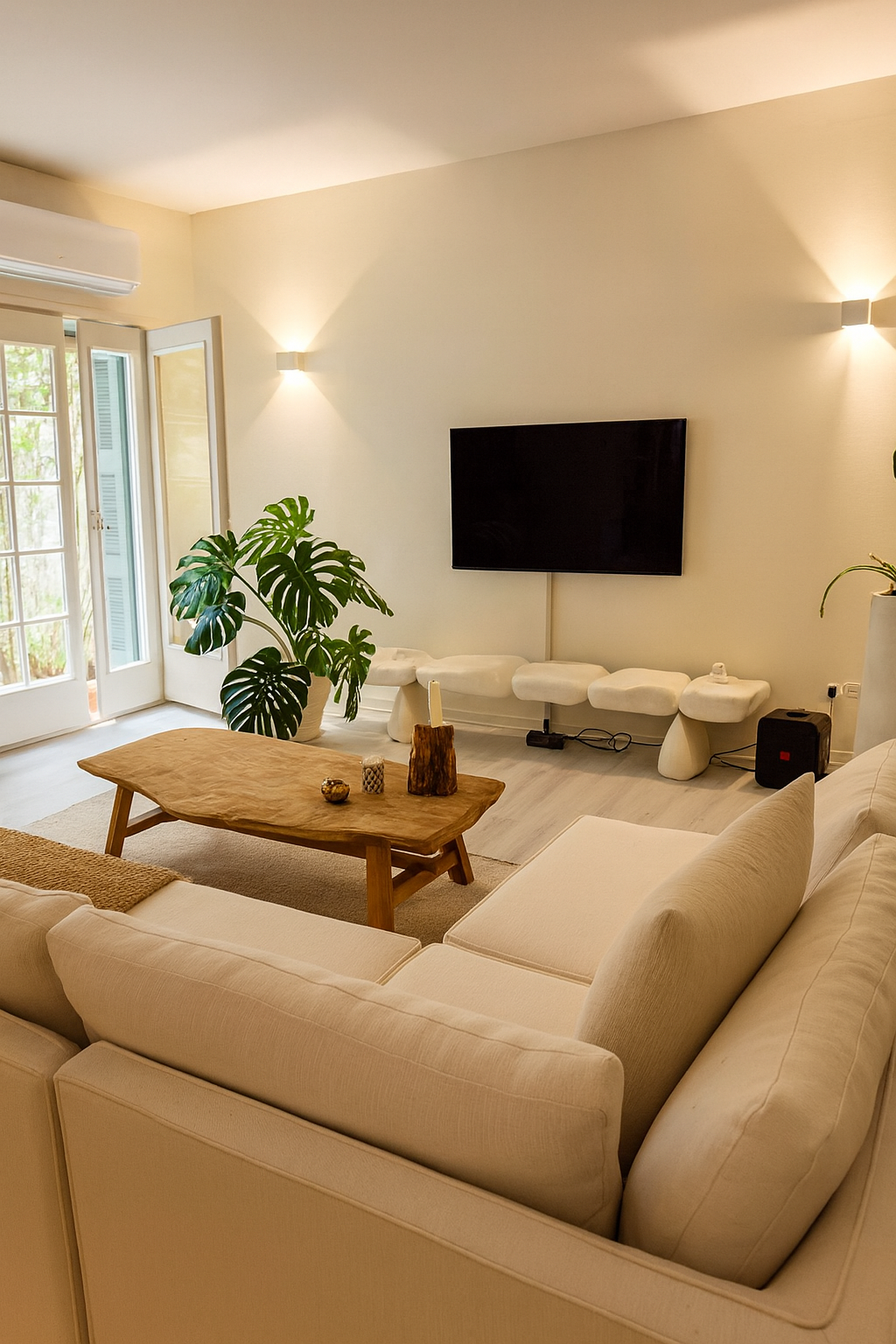 Living room with white sofa, wooden coffee table, potted monstera plant, wall-mounted TV, and open glass doors leading to a balcony with greenery.
