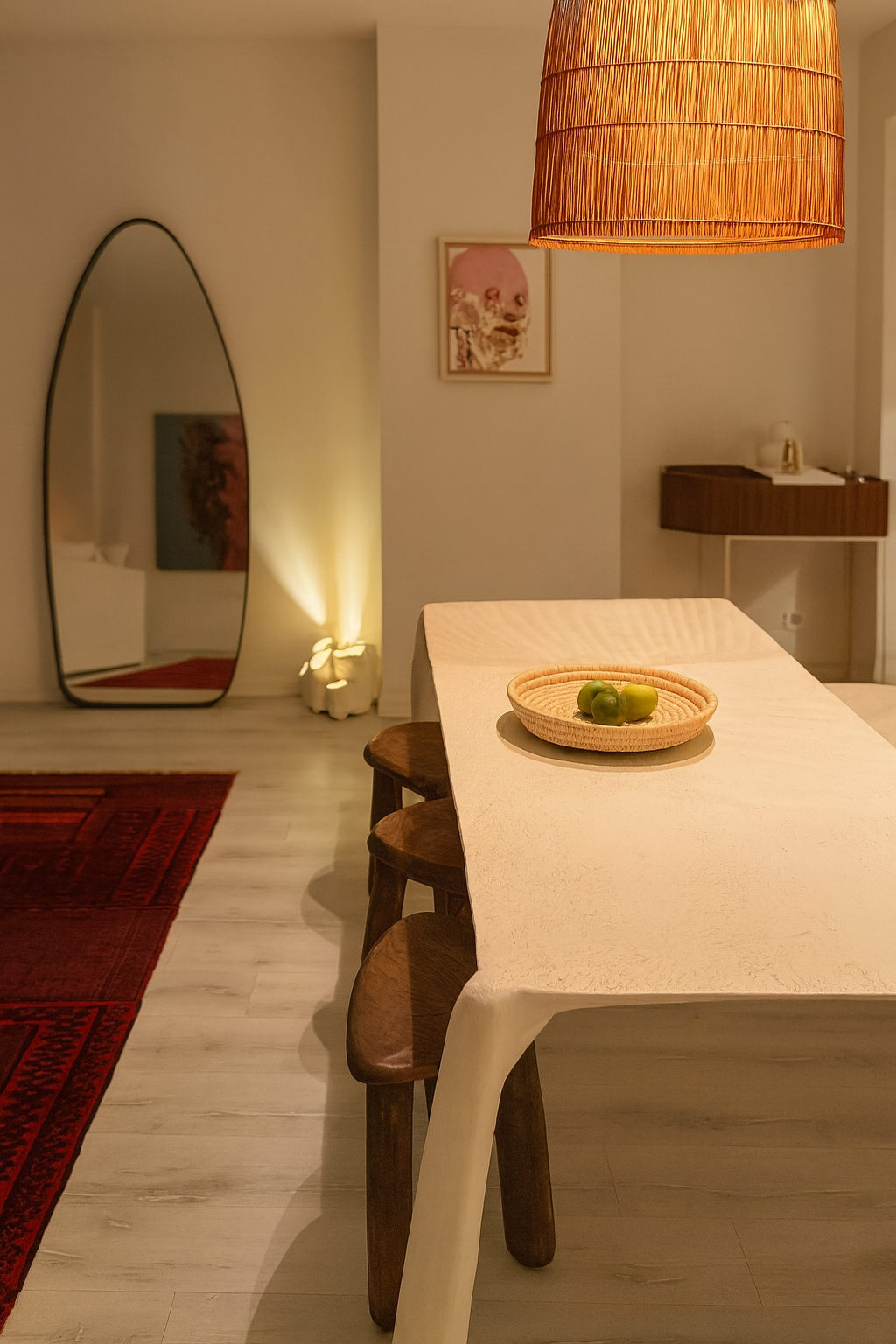 A cozy dining area with a white table, four wooden stools, a wicker basket with green apples, a large woven lampshade overhead, an oval mirror leaning against the wall, and framed artwork in the background.