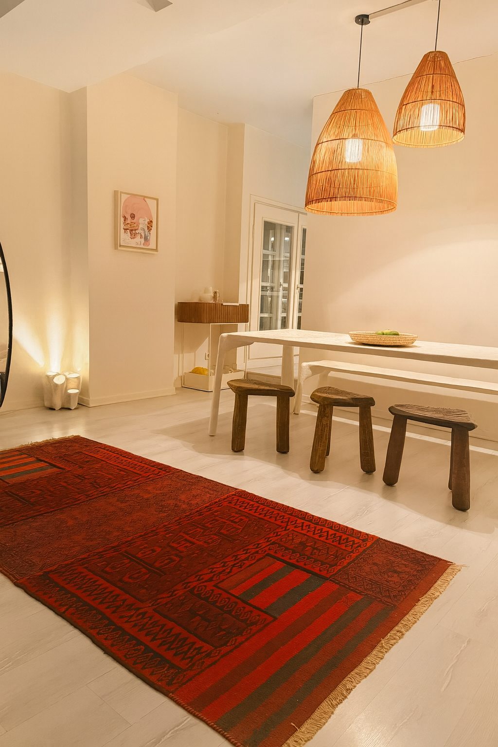 A cozy dining area with a white table and three wooden stools, red patterned rug, hanging wicker lamps, and a white wall with artwork.