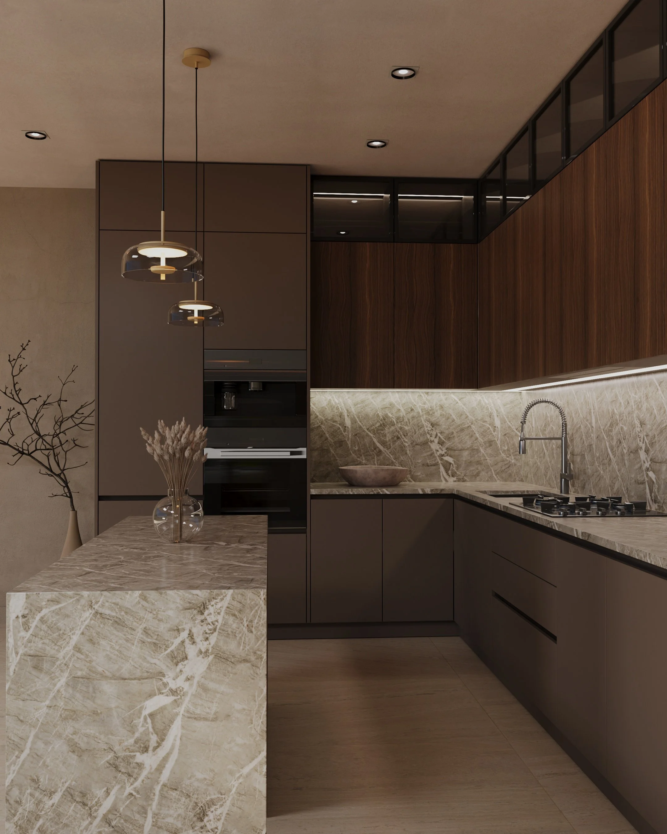 Modern kitchen with marble island, dark cabinets, and minimalist decor.