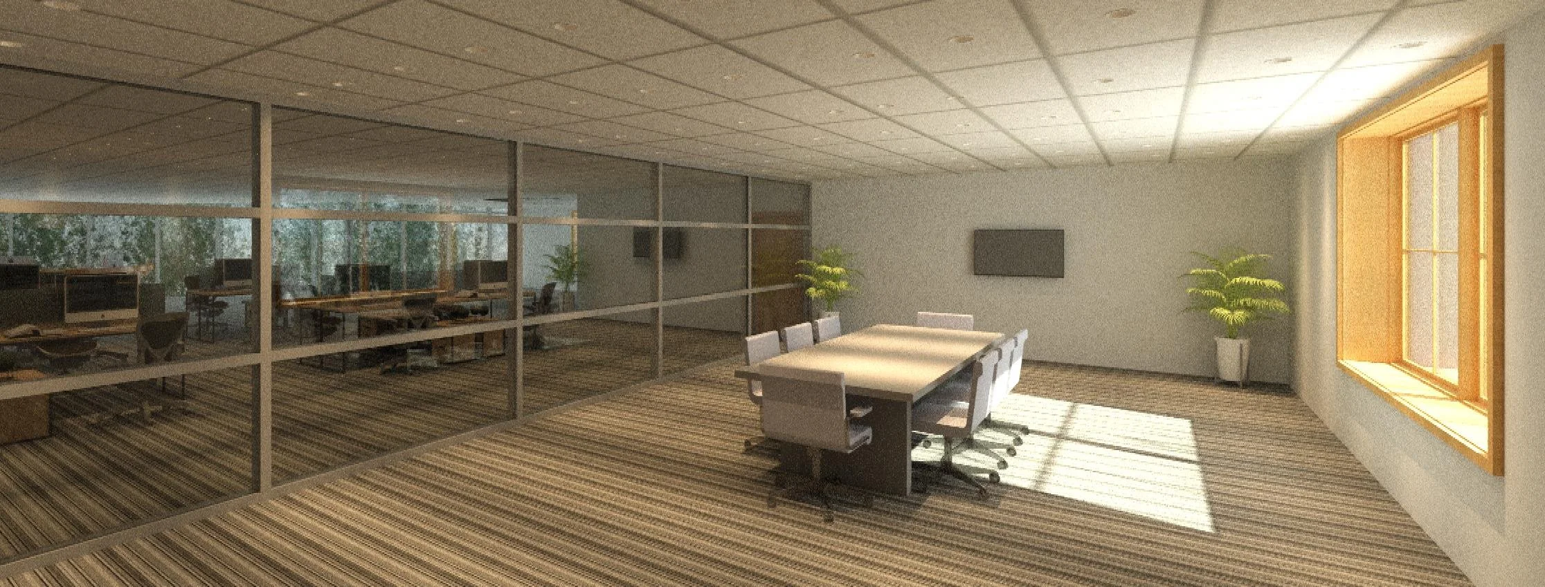 An empty modern conference room with a long table, white chairs, potted plants, large windows, and a wall-mounted TV.