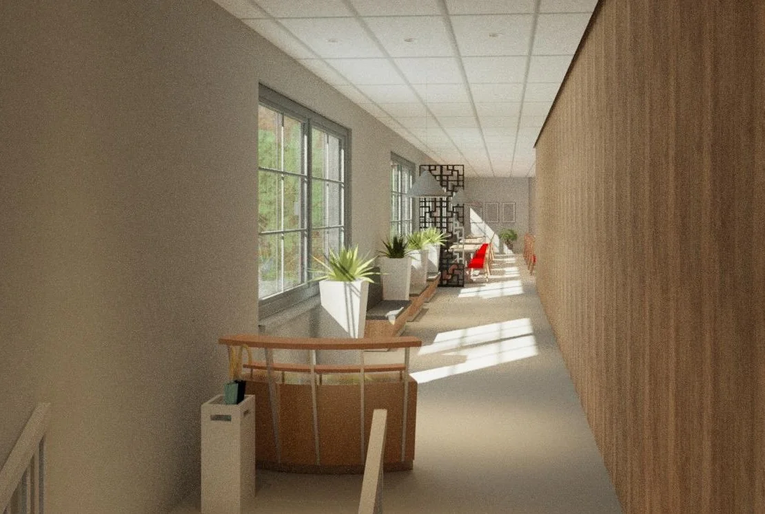 Sunlit hallway with large windows, indoor plants in white pots, wooden accents, and seating in the background.