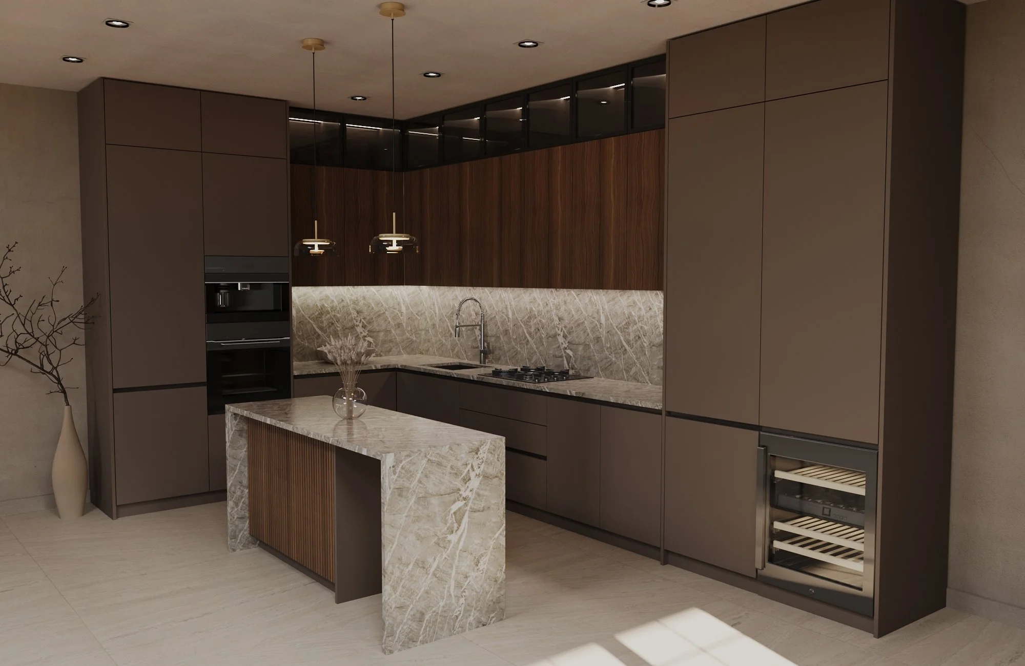 Modern kitchen with dark cabinetry, marble countertops, and a small marble island. Includes built-in appliances, a sink with a faucet, and two pendant lights hanging from the ceiling. Decorative vase with branches on the floor.