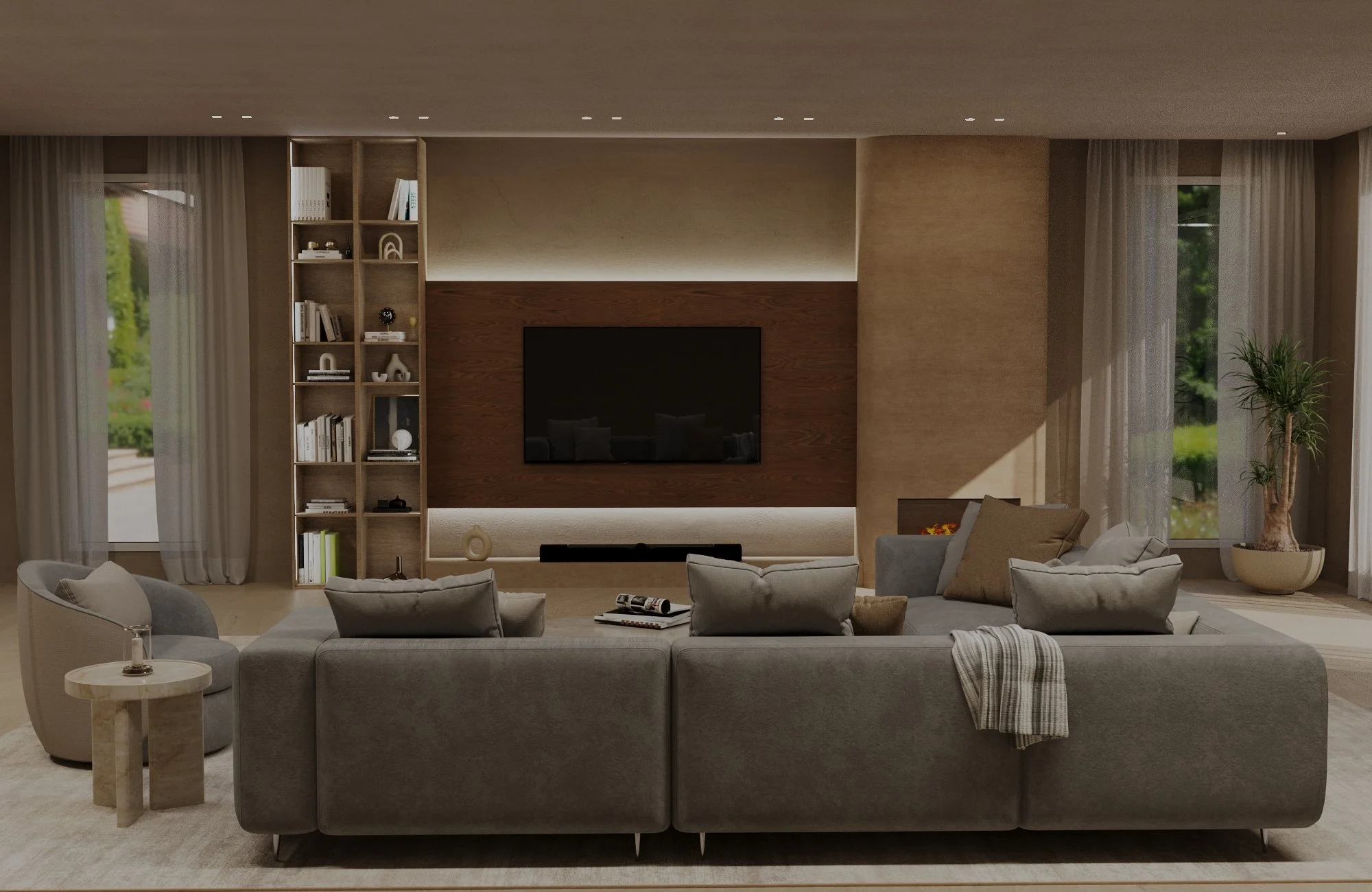 Warm contemporary living room with neutral sofa, wood TV wall and soft lighting