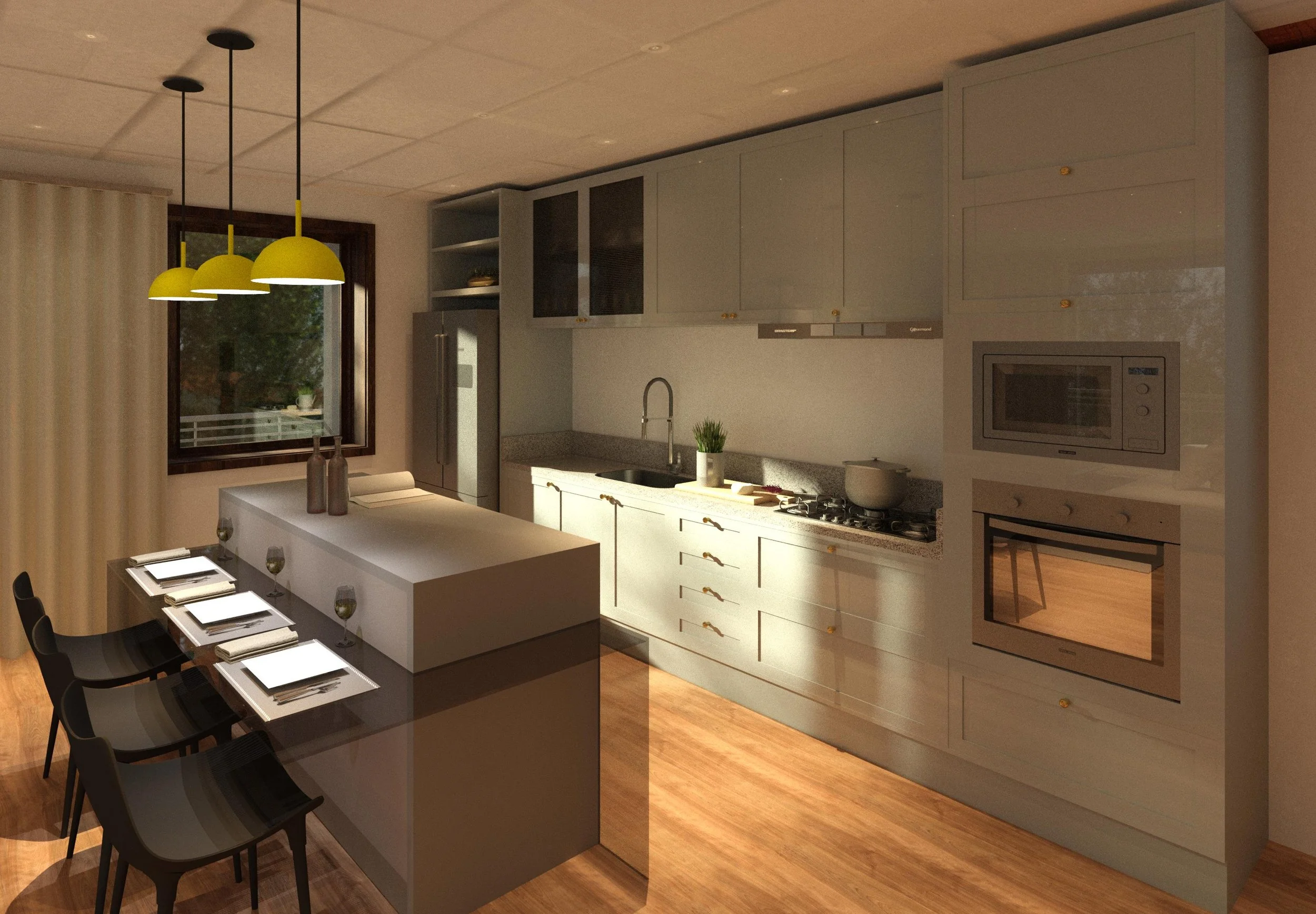 Modern kitchen with white cabinets, stainless steel appliances, a breakfast bar with four black chairs, yellow pendant lights, and a window showing trees outside.