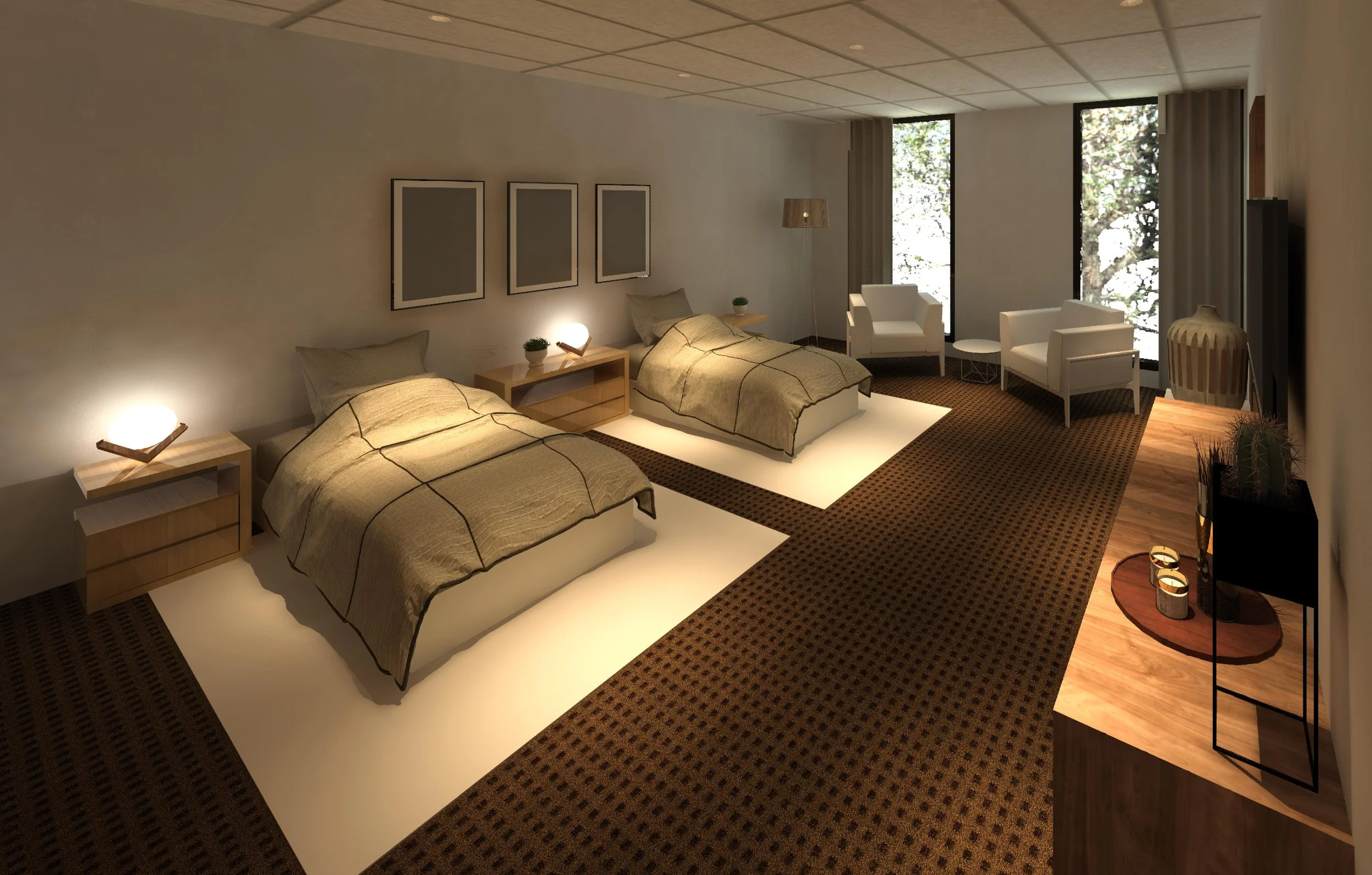 Hotel room with two beds, two sitting chairs, side tables, decorative lighting, and tall windows showing outdoor trees.