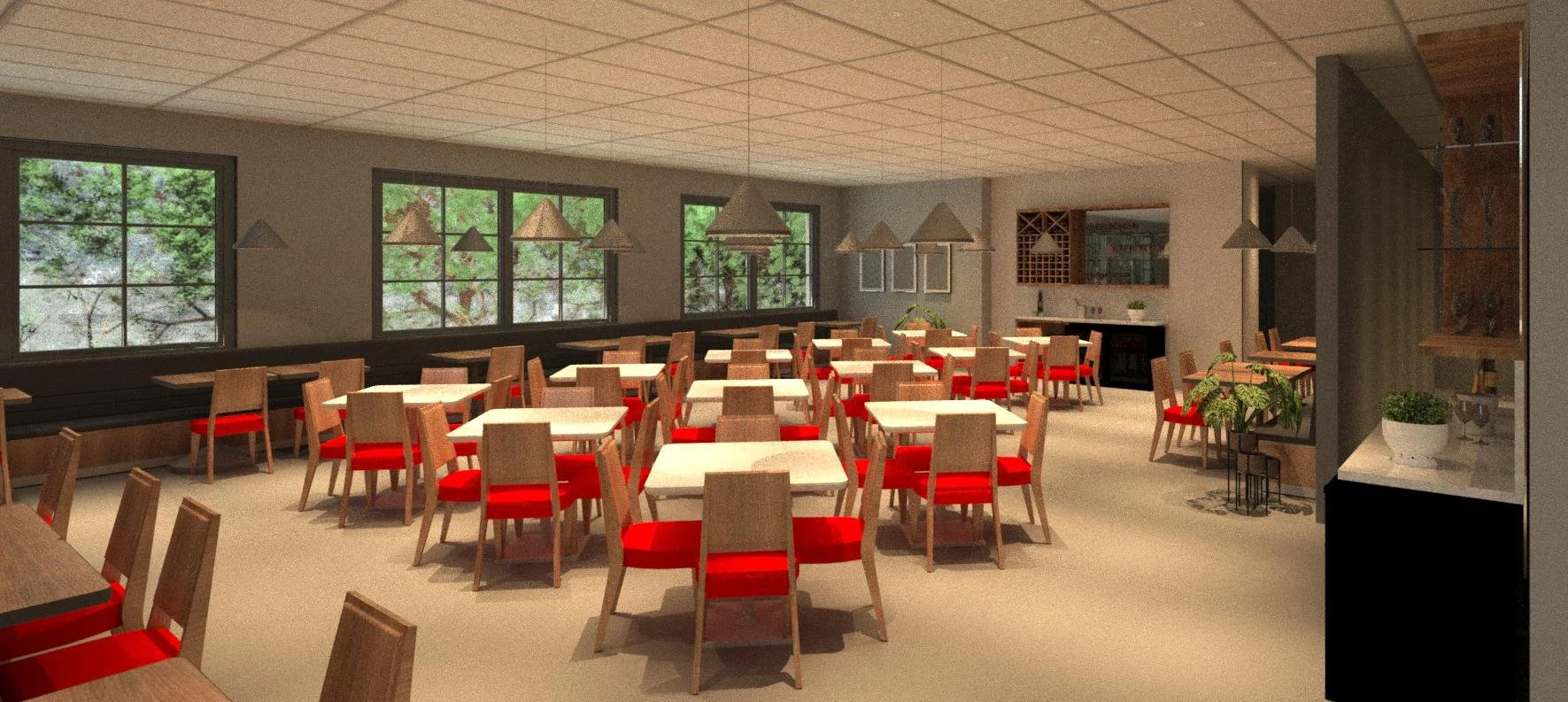 Interior of a restaurant with wooden tables, red cushioned chairs, large windows, pendant lighting, and a bar area.