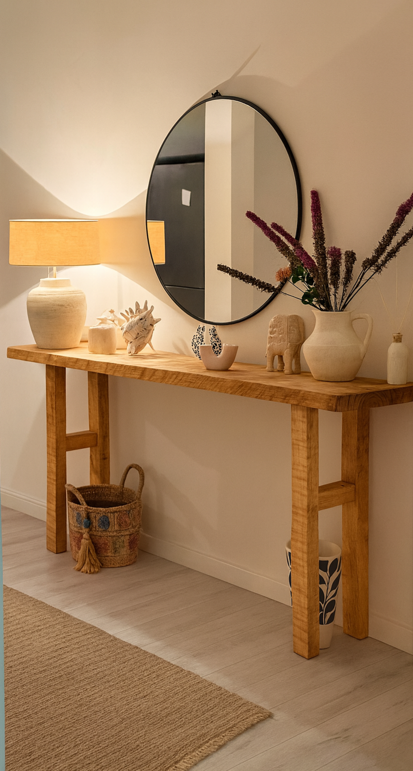 A wooden console table with decorative objects, a large round wall mirror, and a table lamp, with a beige rug and wooden flooring in a cozy interior space.