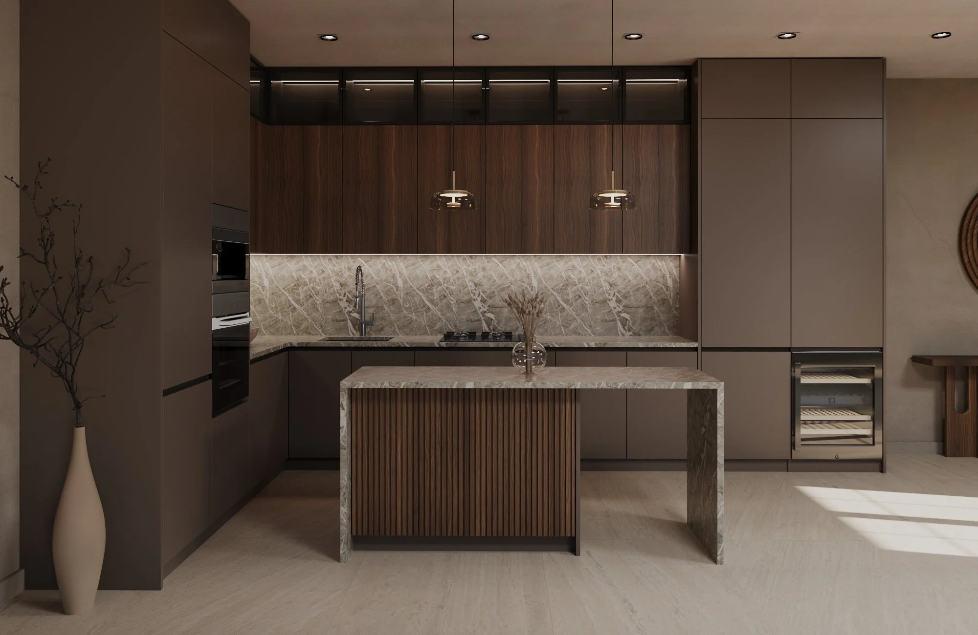 Modern kitchen with beige and wood cabinetry, marble countertops, and a kitchen island with marble top and wooden paneling.