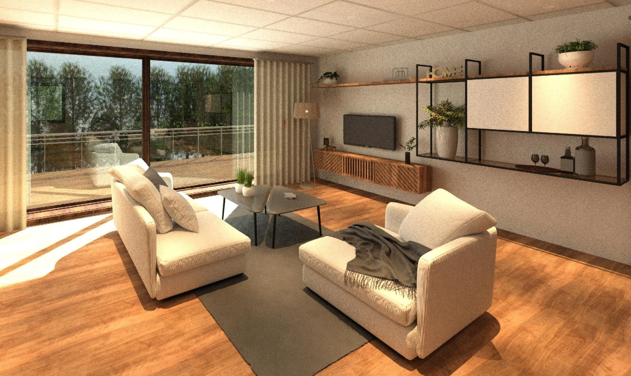 Living room with two beige sofas, coffee table, large sliding glass door with a balcony, and wall-mounted shelves with plants and decor.