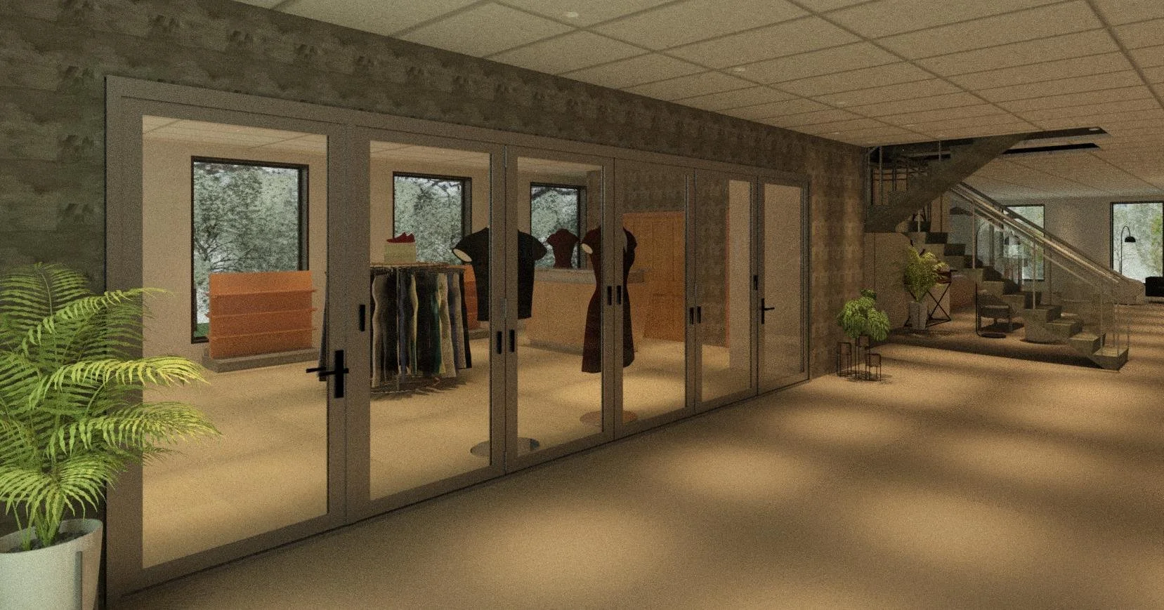 Interior view of a clothing store with mannequins, clothing racks, and large windows, featuring a modern industrial design with brick walls, glass doors, stairs, and potted plants.