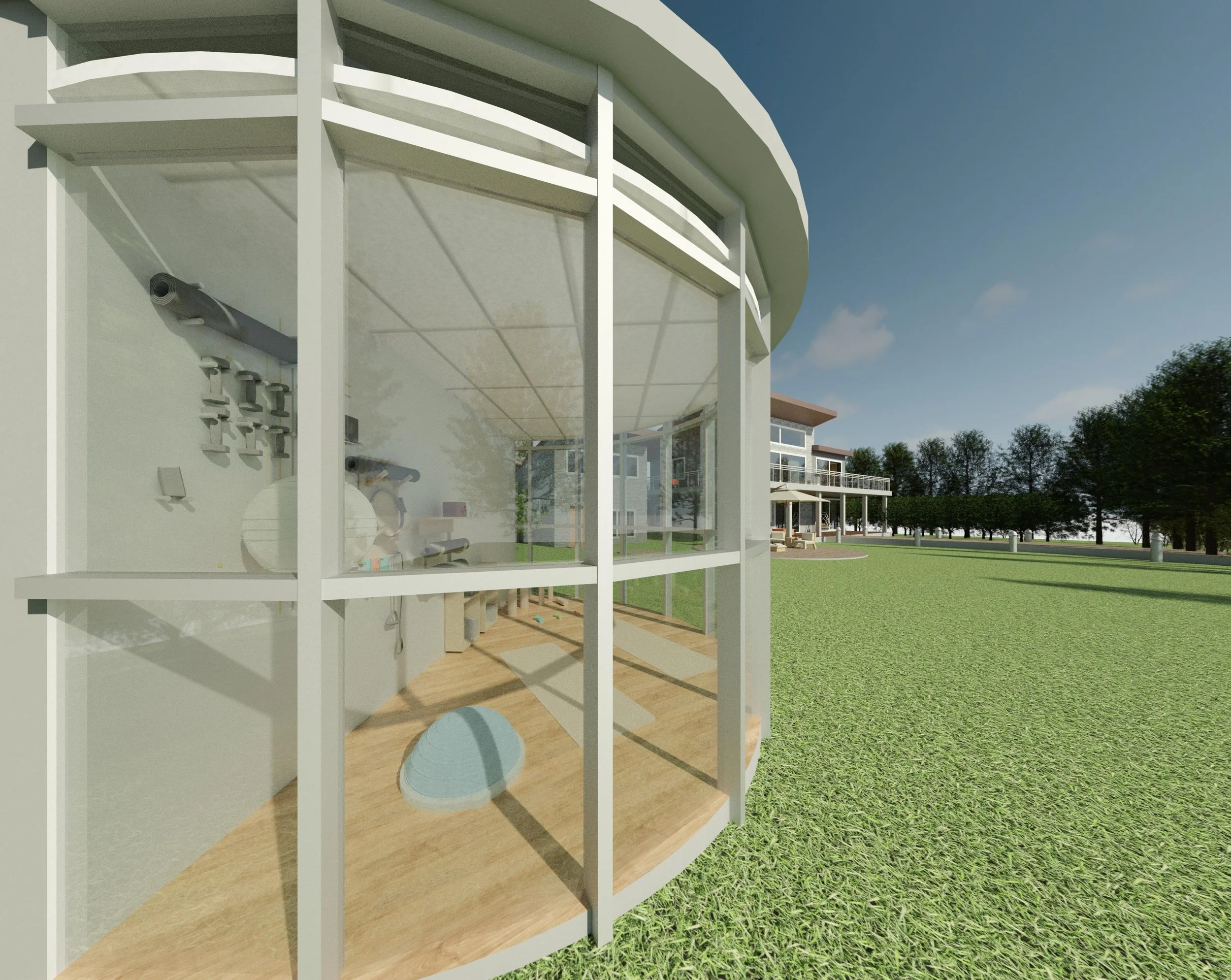 Interior of a modern glass garden building with exercise equipment, including a balance ball and weights, located in a large outdoor grassy area with a modern house in the background under a blue sky.