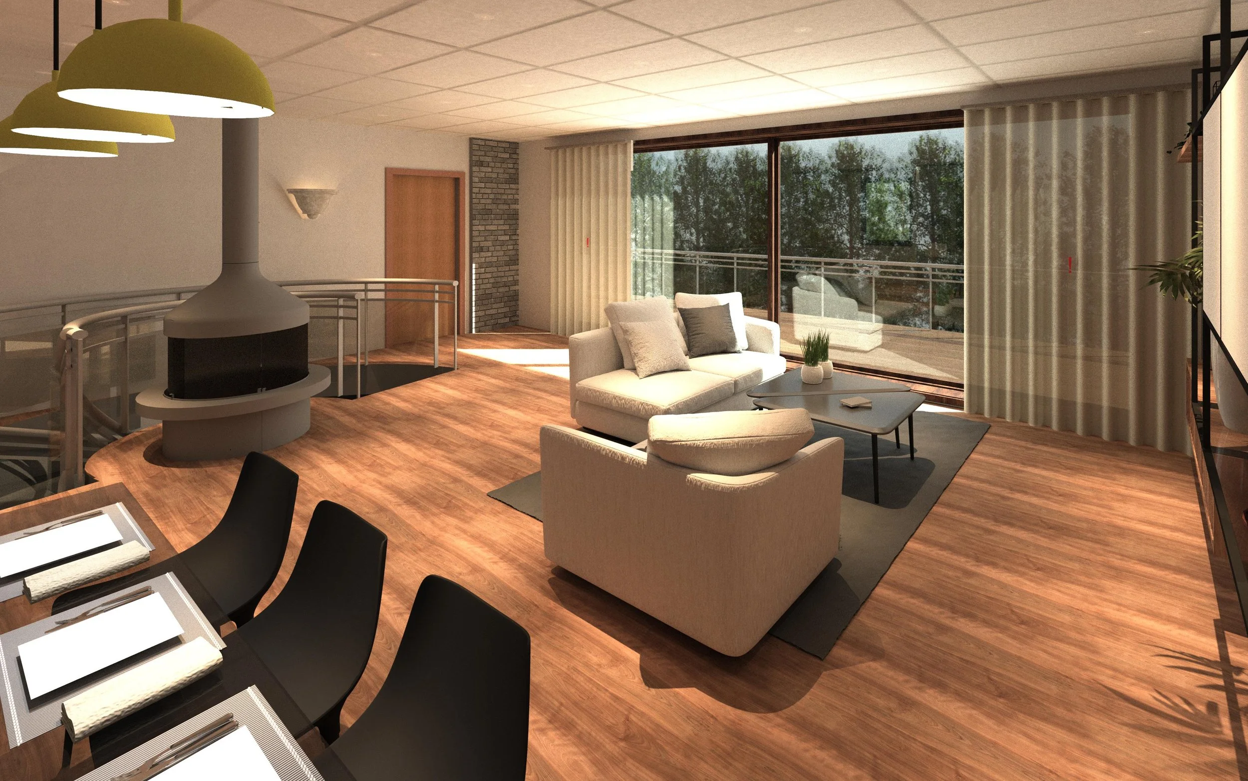 Living room with large glass sliding doors, white sofas with cushions, wooden coffee table with a plant, dining table with black chairs and white napkins, and a modern fireplace, with sunlight coming through curtains and trees outside.