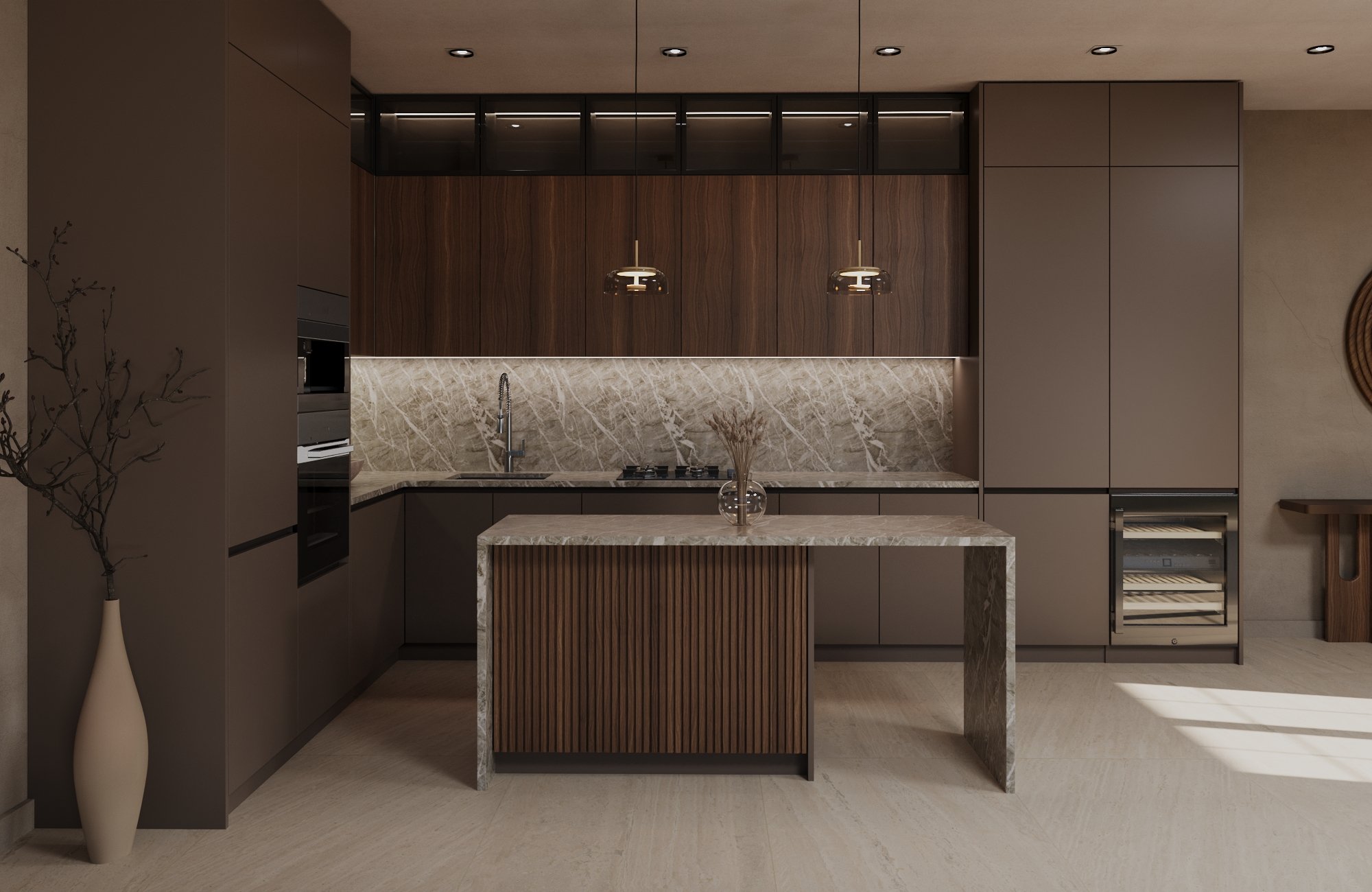 Modern warm kitchen with wood cabinetry, stone backsplash and integrated lighting