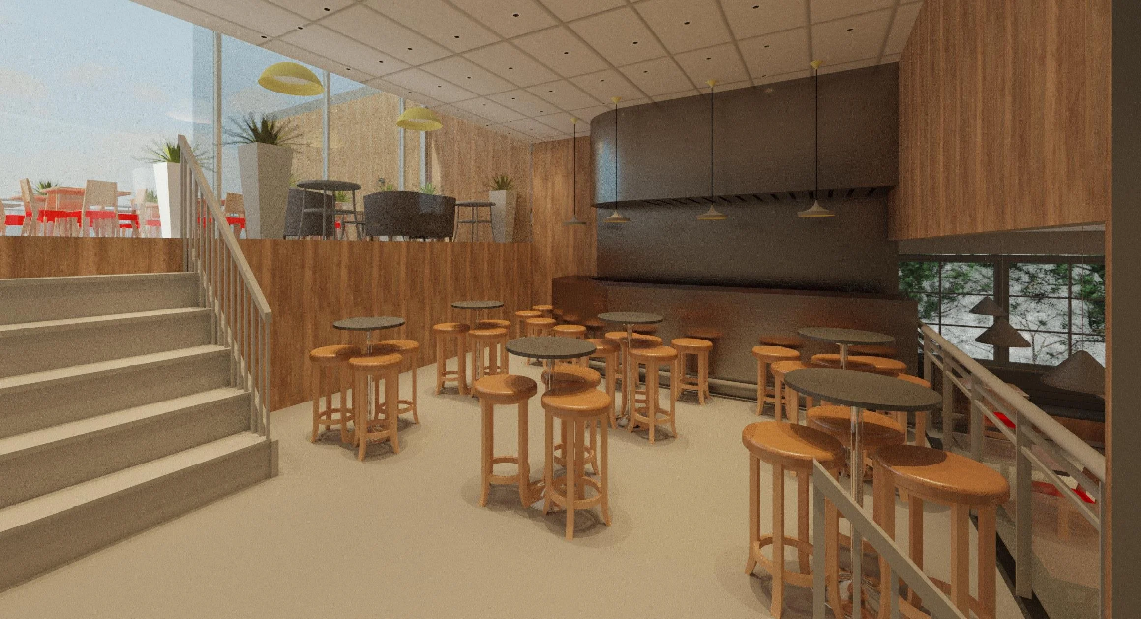 Interior of a modern cafe with wooden furniture, multiple round tables with tall stools, large windows, and a staircase leading to an upper level with additional seating.
