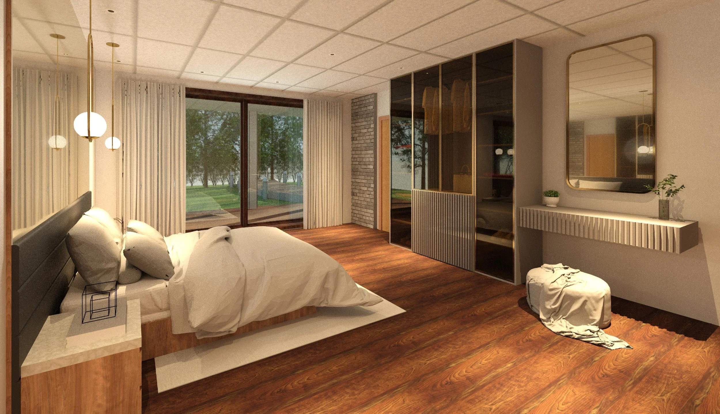 Modern bedroom with white bedding, large window with curtains, wooden floor, hanging pendant lights, and a large mirror above a floating shelf with plants. There is a wardrobe with glass doors and a white ottoman draped with fabric.