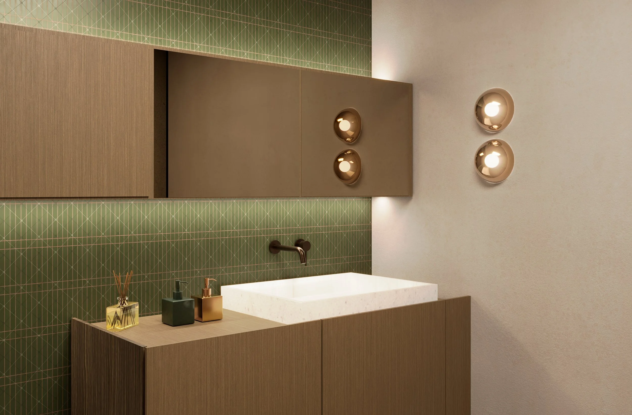 Modern bathroom vanity with a marble sink, green geometric tile backsplash, wooden cabinetry, and wall-mounted mirror with two light fixtures.