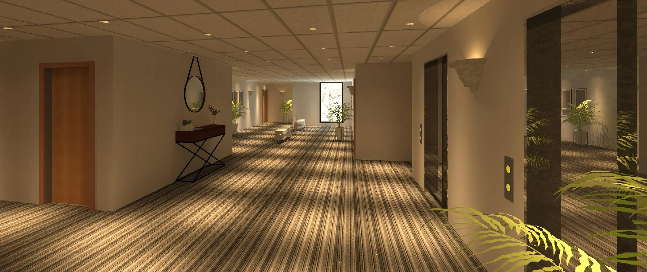 Empty hotel corridor with an elevator on the right, decorative plants, benches, and framed pictures along the wall.