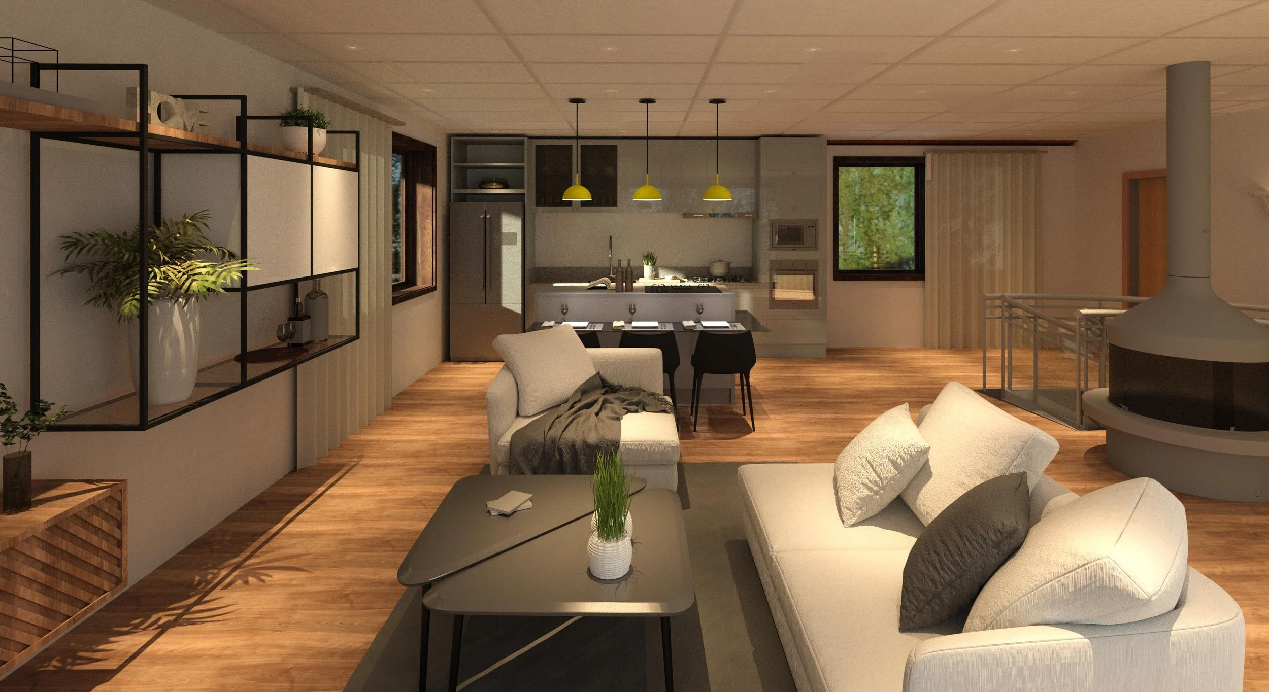 Living room with beige sofas, a black coffee table with a white vase and green plant, modern open kitchen with gray cabinets, dining table with black chairs, and large windows showing greenery outside.