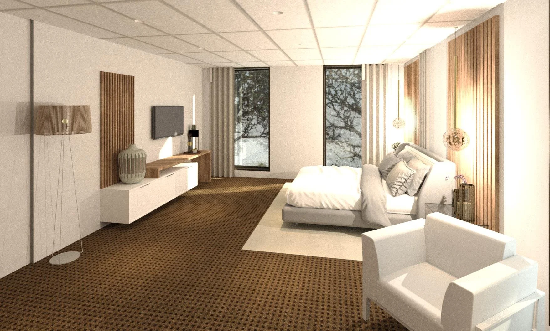 Modern hotel room with white walls, a bed with white linens, a white armchair, wooden accents, a flat-screen TV, and large windows showing trees outside.