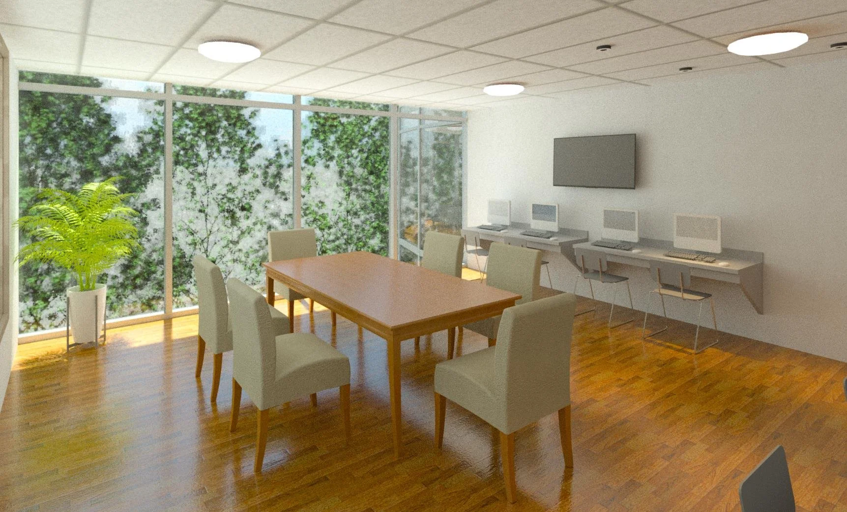 Modern conference room with large glass windows, a wooden table surrounded by six light-colored chairs, a wall-mounted TV, and three desktop computers on a long counter. There is a potted green plant near the window and the room has wooden flooring.
