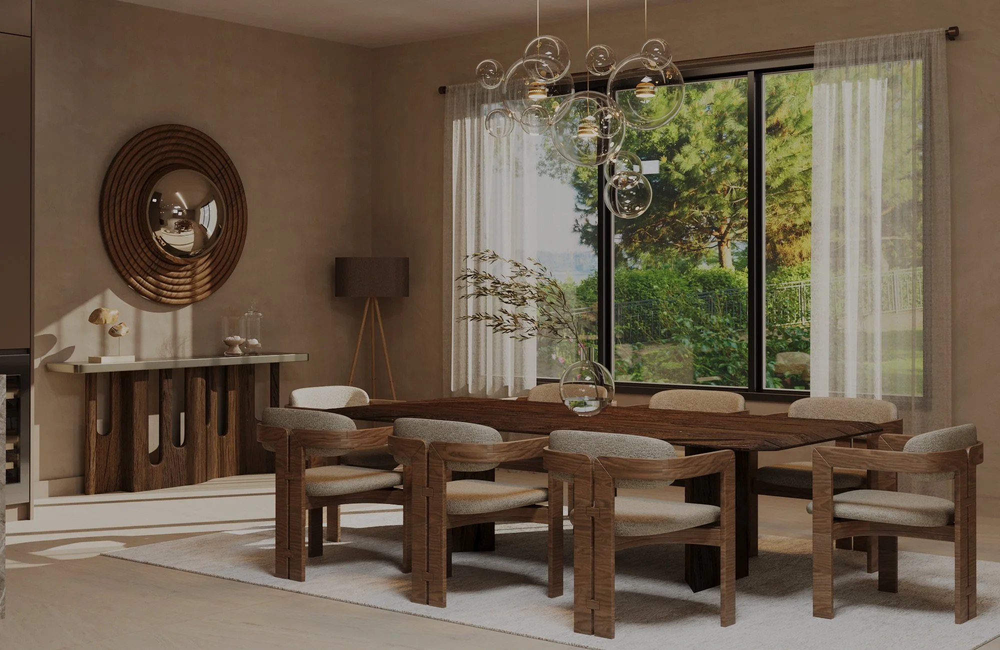 Warm contemporary dining room with wood table, upholstered chairs and large window