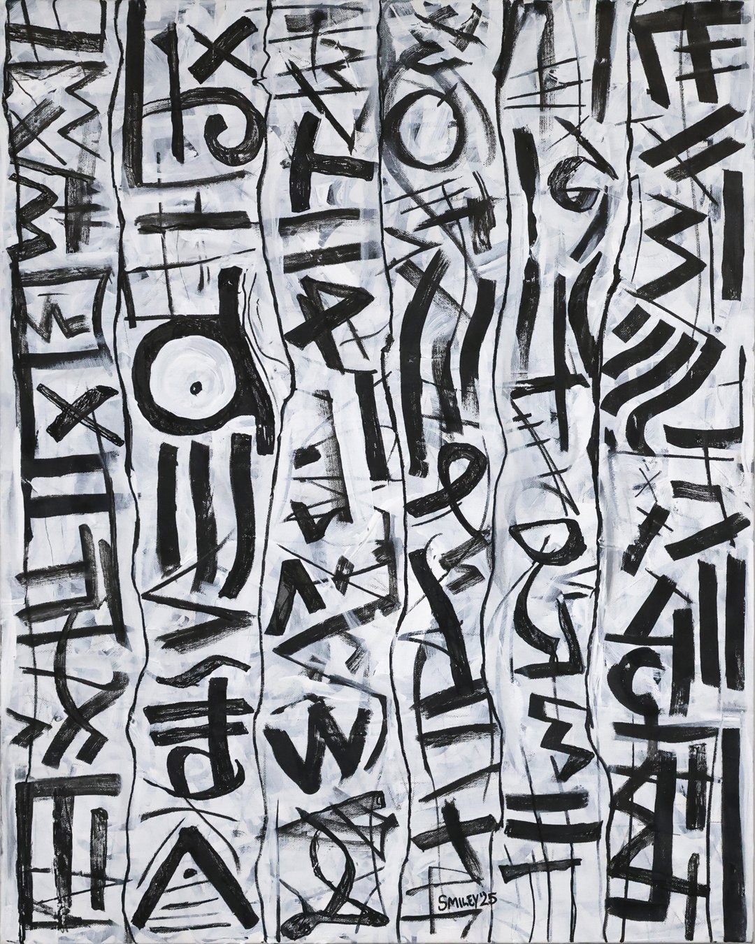 Temple Inscription / 2025 / Acrylic, acrylic paint marker, and charcoal on canvas / 24 x 30 inches / Private collection