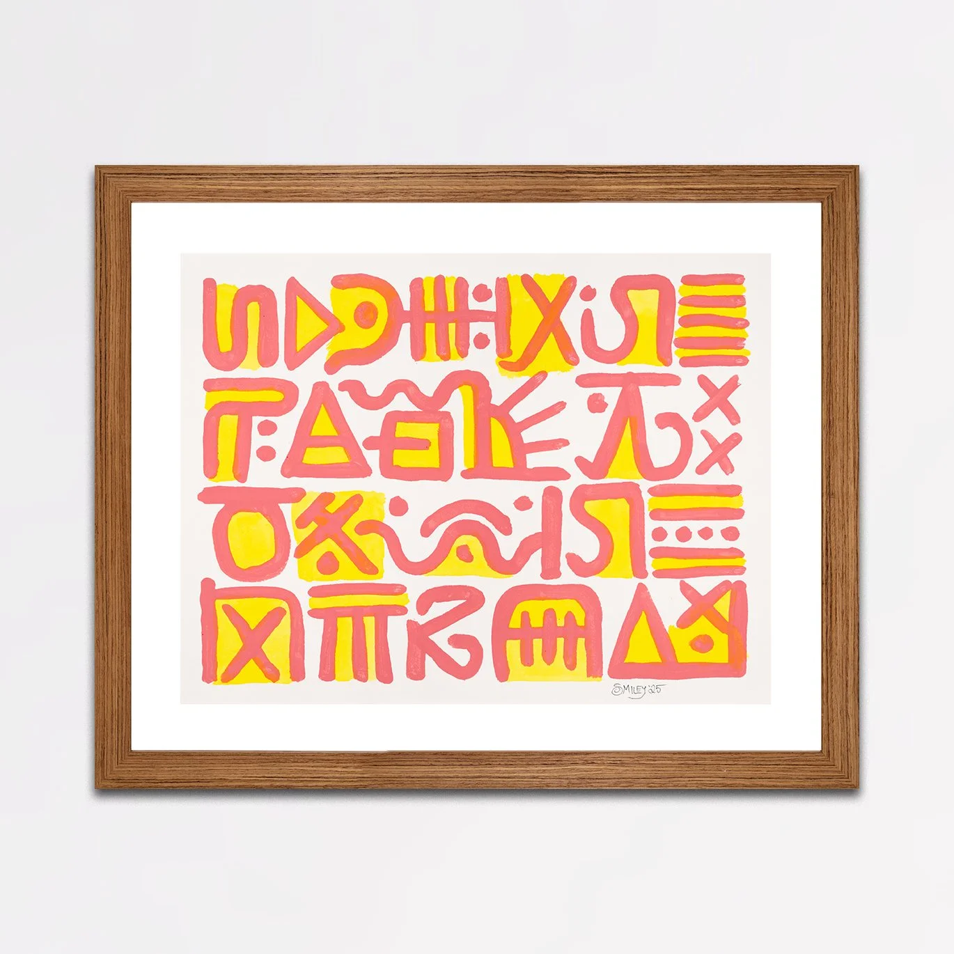 Alphabet (Pink and Yellow) / 2025 / Acrylic ink on Arches / 12 x 16 inches (image size) / 16.75 x 20.75 x 1.50 inches (overall size) / Private collection