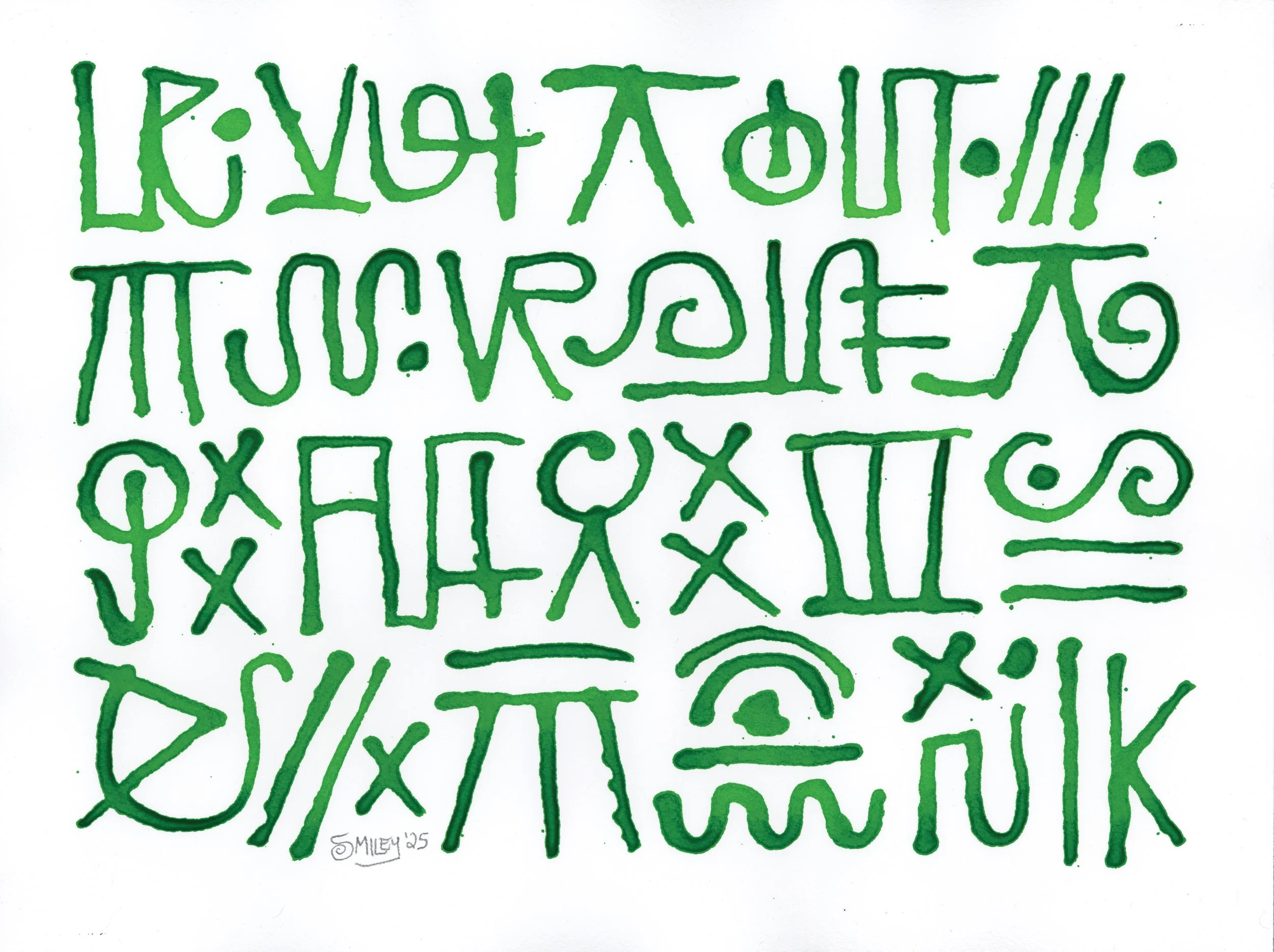 Alphabet (Lime Green) II / 2025 / acrylic ink on Arches / 12 x 16 inches / $175