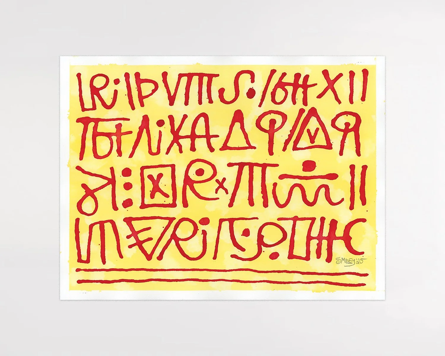 Alphabet (Crimson and Yellow) / 2025 / Acrylic ink on Arches / 12 x 16 inches