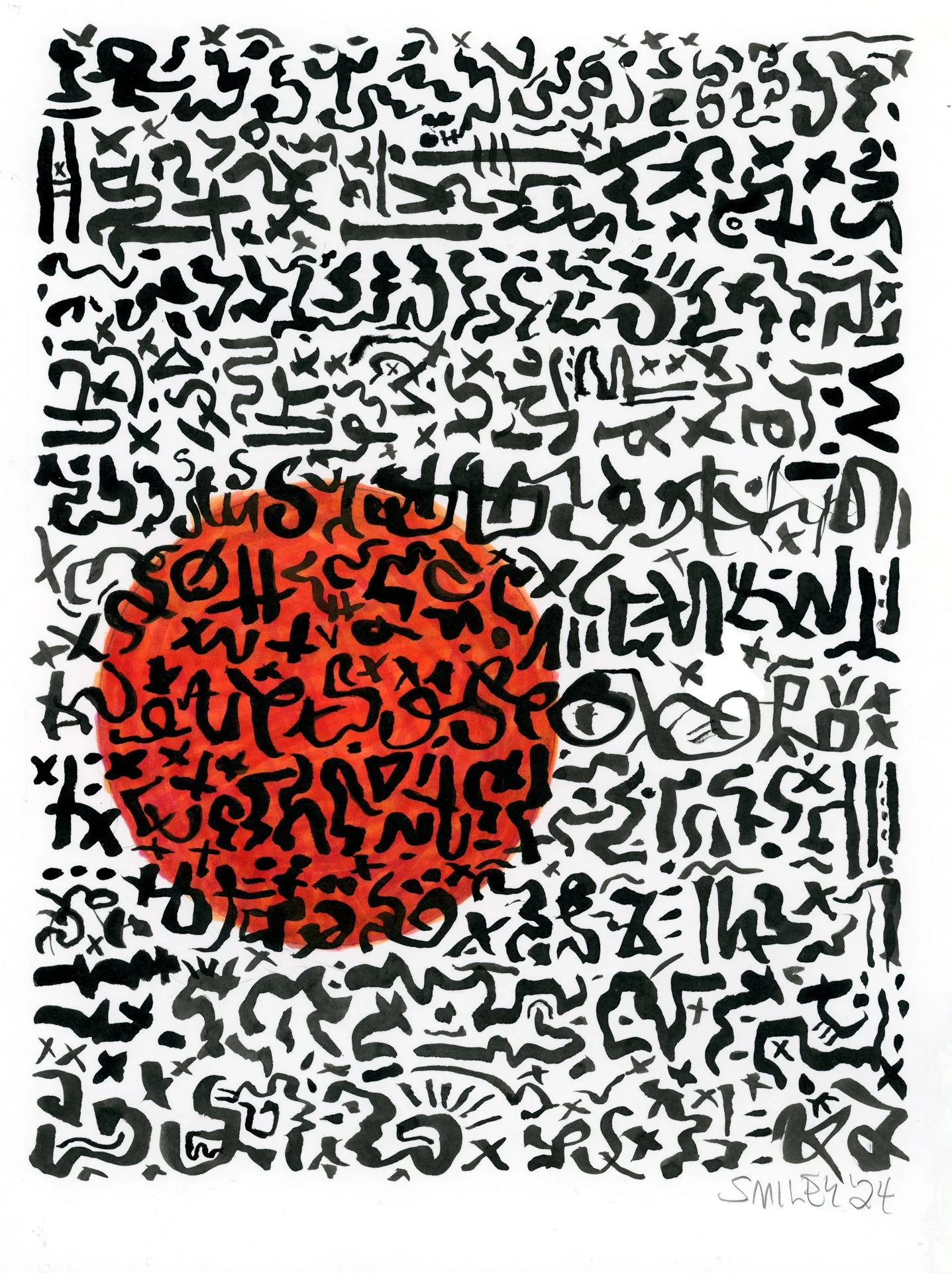 Encountering the Myth of the Blood-Red Sun / 2024 / sumi ink and Pitt pen on paper / 8 x 10 inches