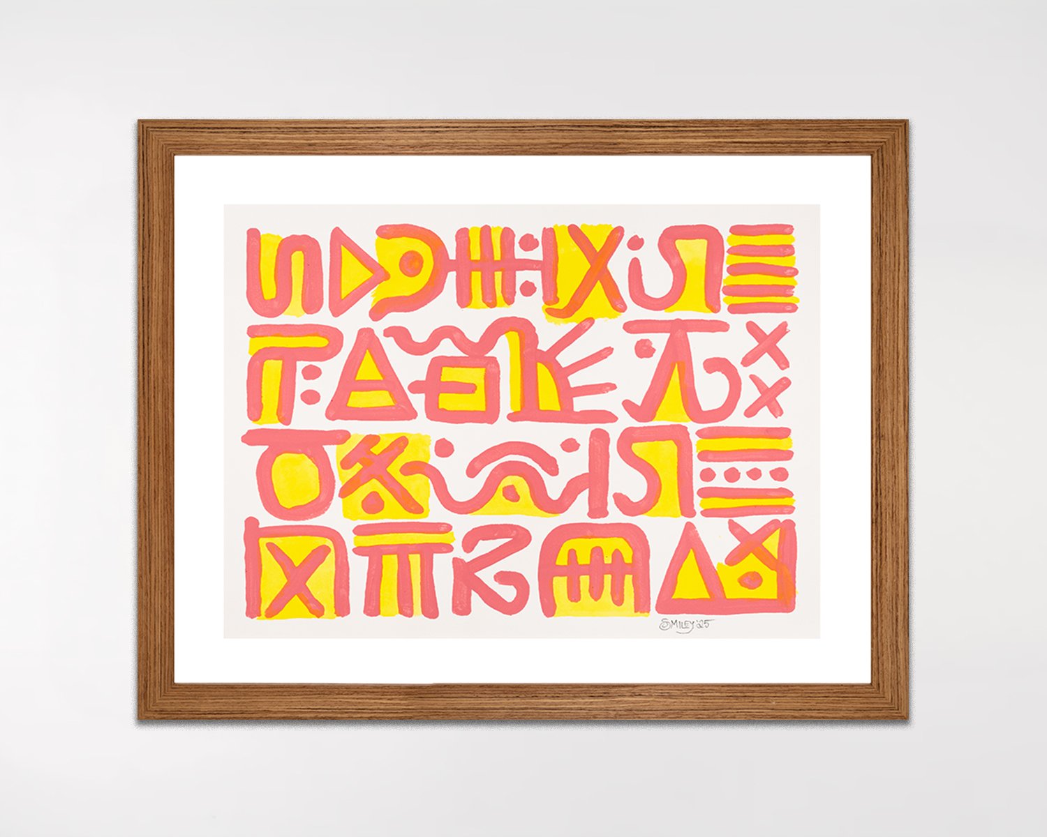 Alphabet (Pink and Yellow) / 2025 / Acrylic ink on Arches / 12 x 16 inches (image size) / 16.75 x 20.75 x 1.50 inches (overall size) / Private collection