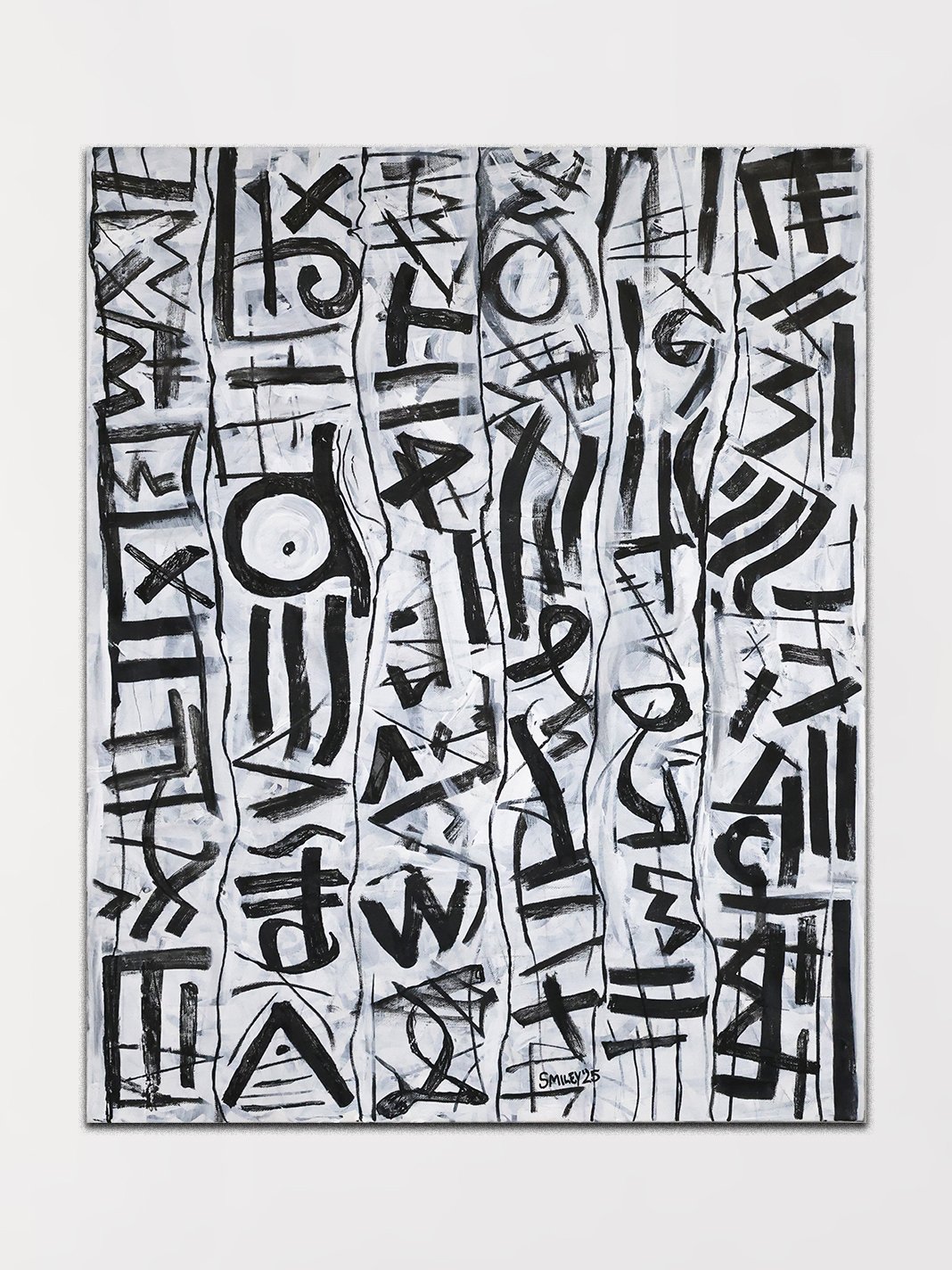 Temple Inscription / 2025 / Acrylic, acrylic paint marker, and charcoal on canvas / 24 x 30 inches / Private collection