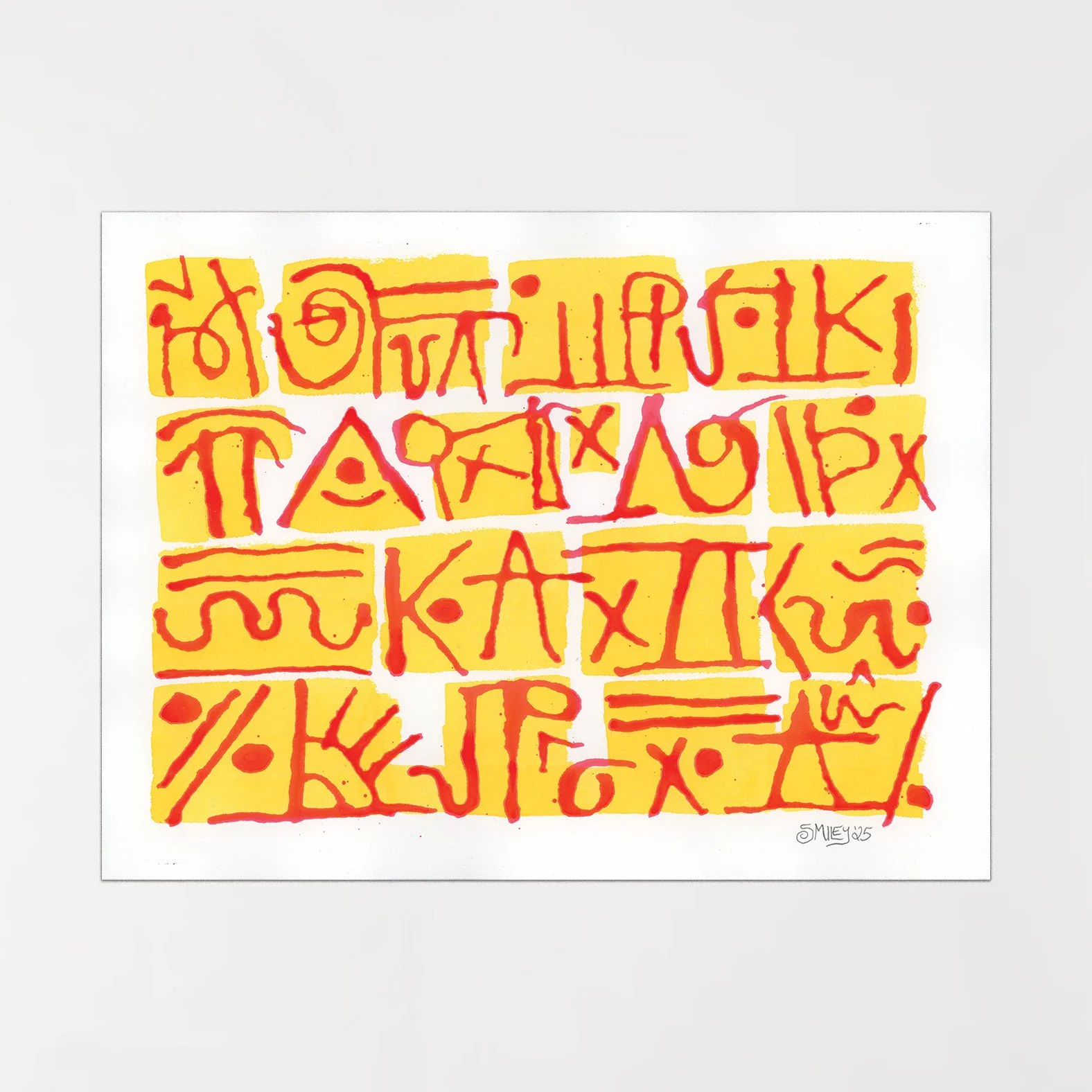 Alphabet (Red Orange and Yellow) / 2025 / Acrylic ink on Arches / 12 x 16 inches 