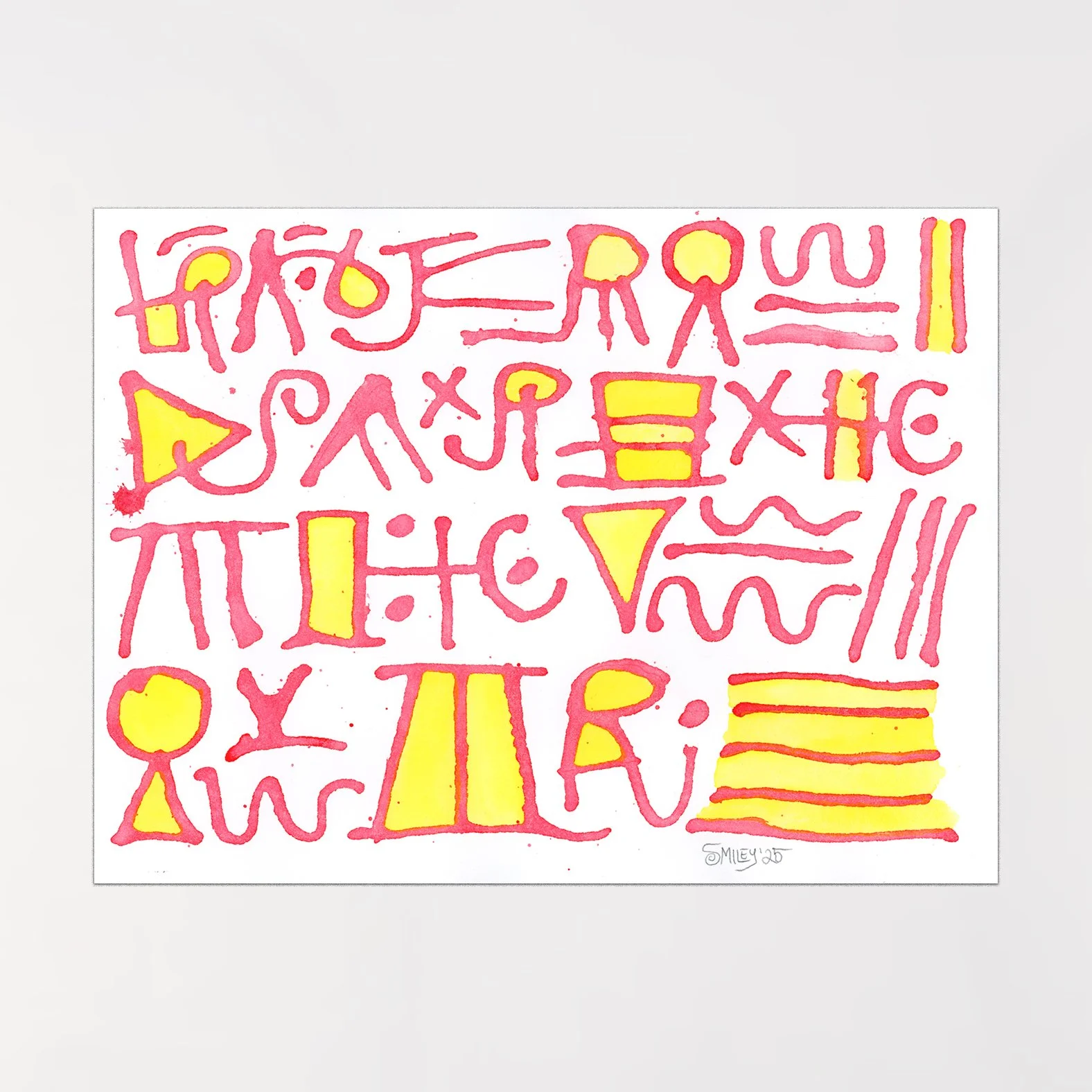 Alphabet (Pink and Yellow) / 2025 / acrylic ink on Arches / 12 x 16 inches 